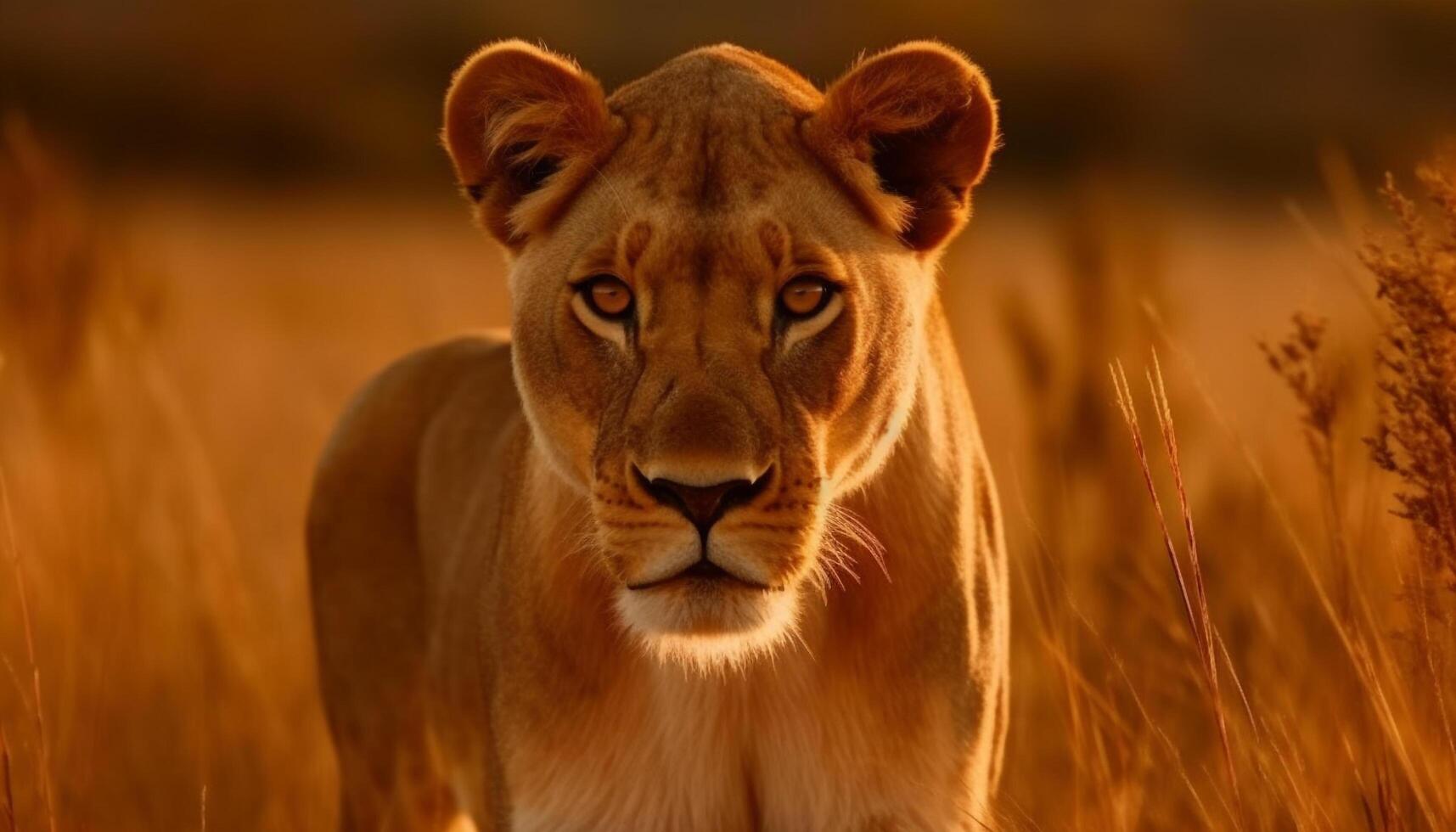 Majestic lioness walking in the savannah, beauty in nature tranquility generated by AI photo