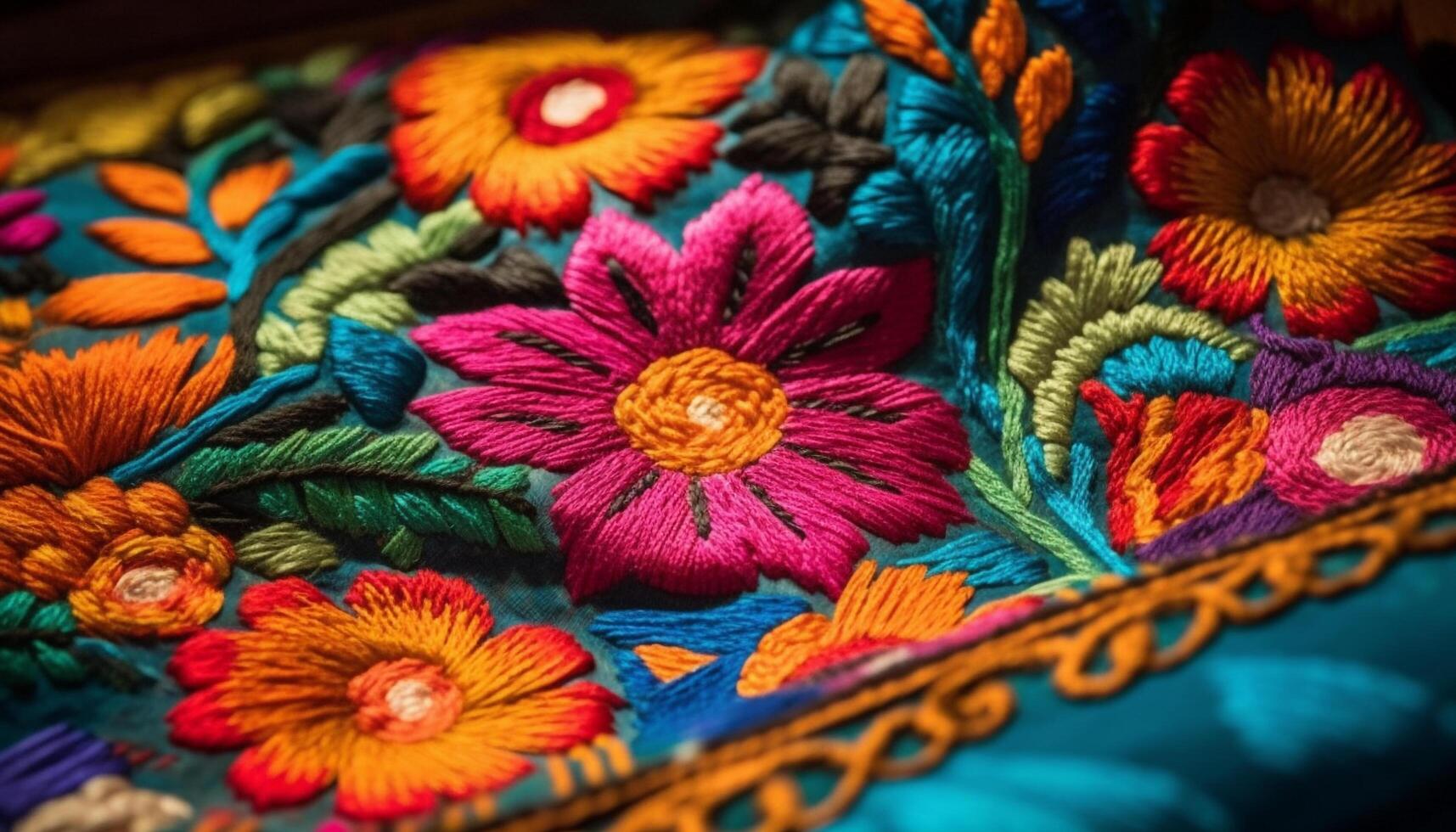 Vibrant wool tapestry showcases ornate floral pattern in Turkish culture generated by AI photo