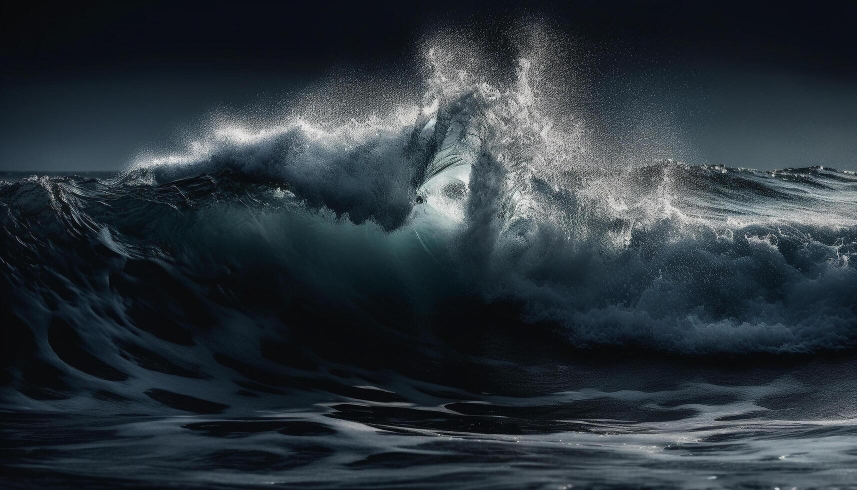 Breaking wave splashes danger in dark seascape, spray spraying beauty generated by AI photo