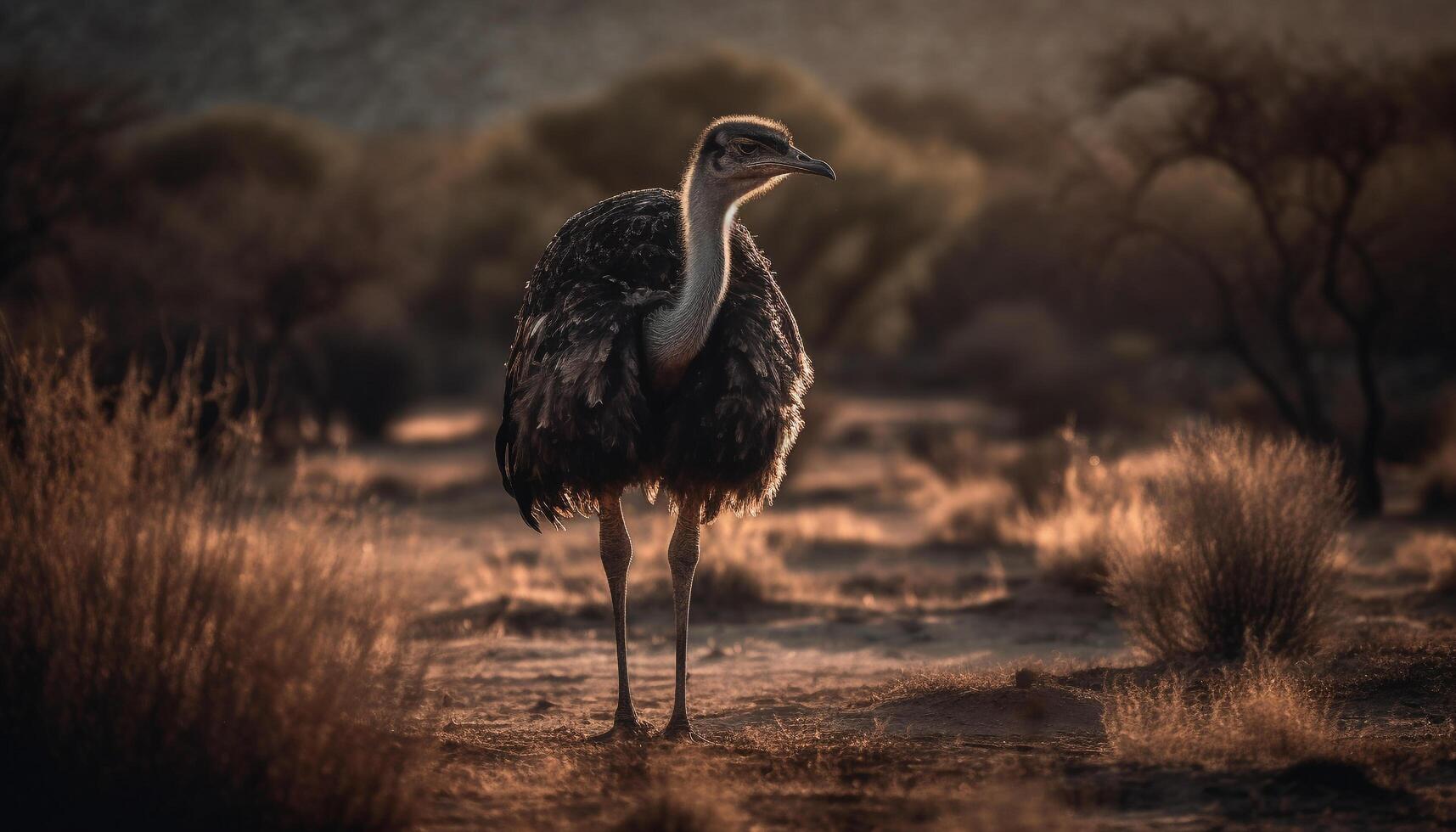 Ostrich standing in grassland, looking at the sunset generated by AI photo