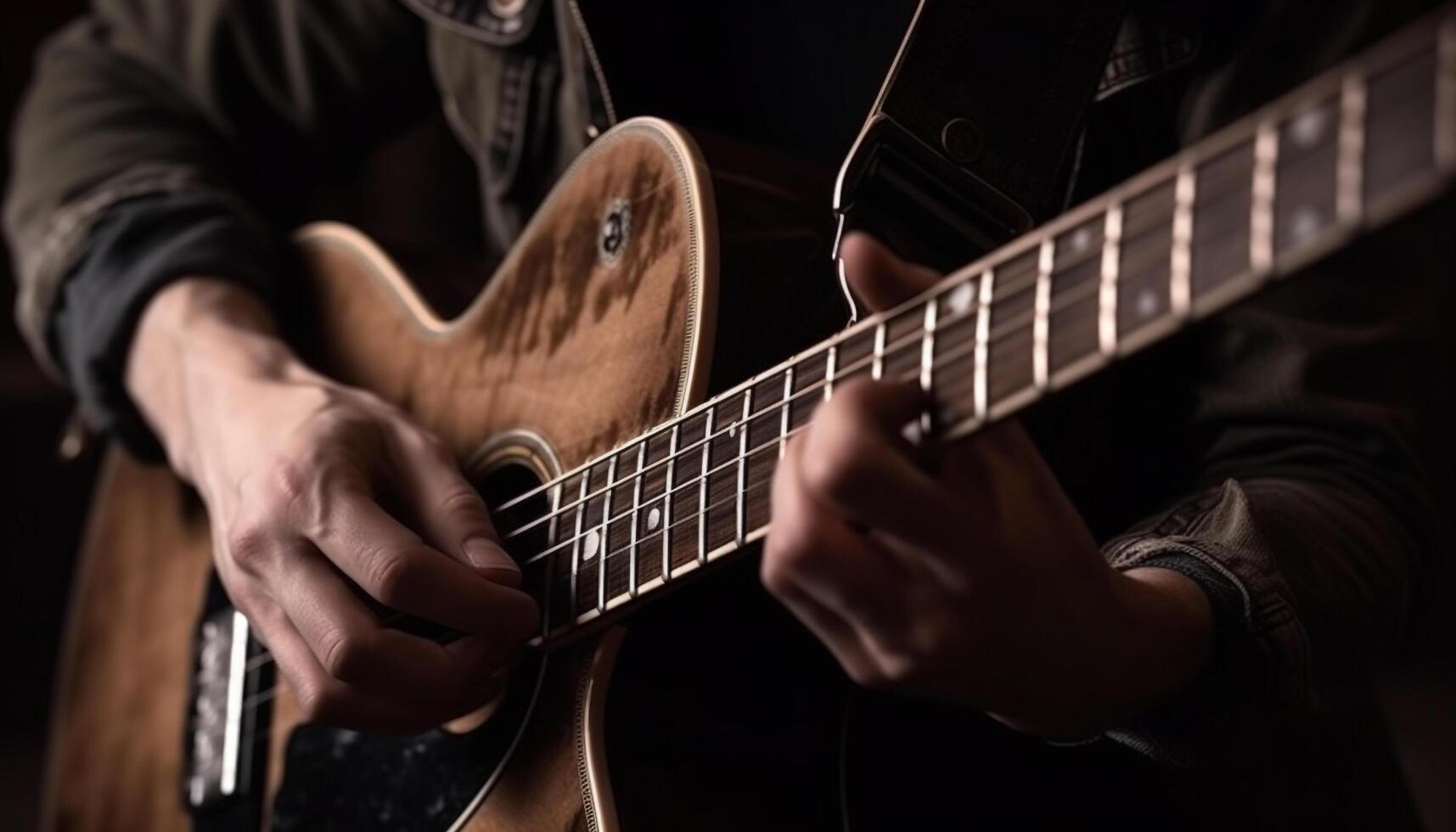 uno hombre jugando guitarra, punteo instrumentos de cuerda, ejecutando rock música generado por ai foto