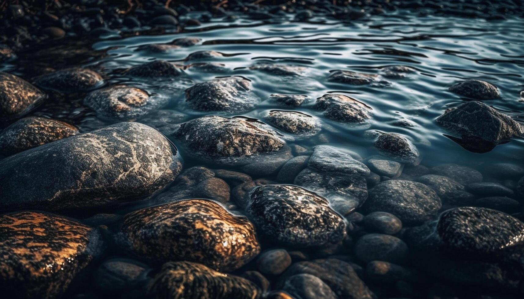 Smooth pebble reflects tranquil sunset on blue water coastline generated by AI photo