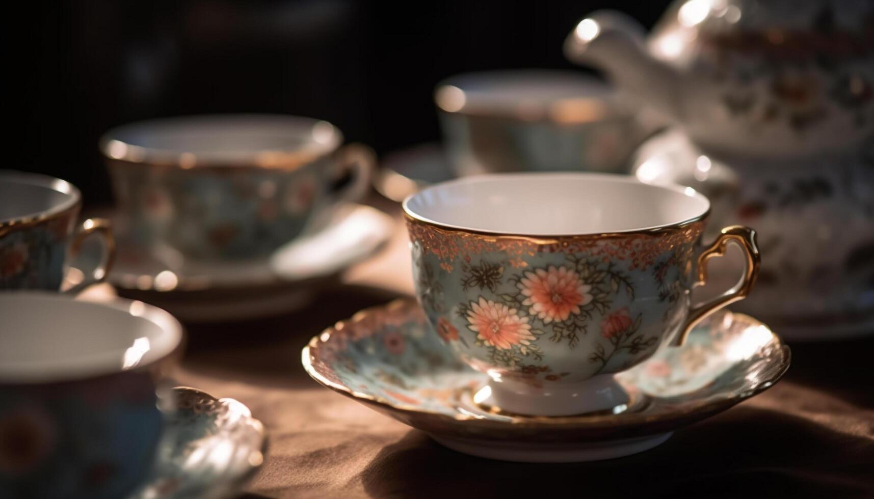 Hot drink set on ornate table with blue ceramics background generated by AI photo