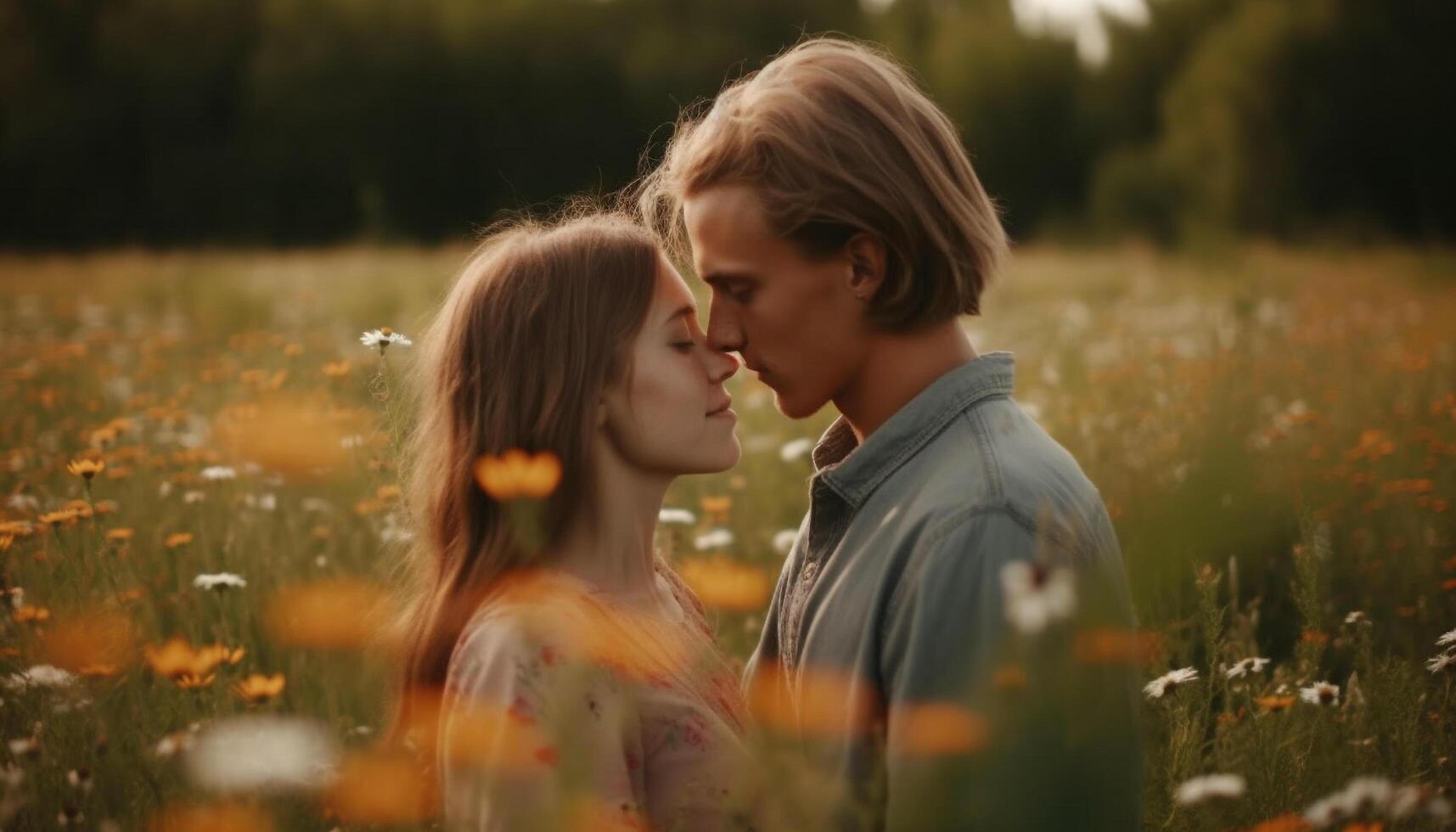 joven Pareja abraza en naturaleza, sonriente con despreocupado felicidad generado por ai foto