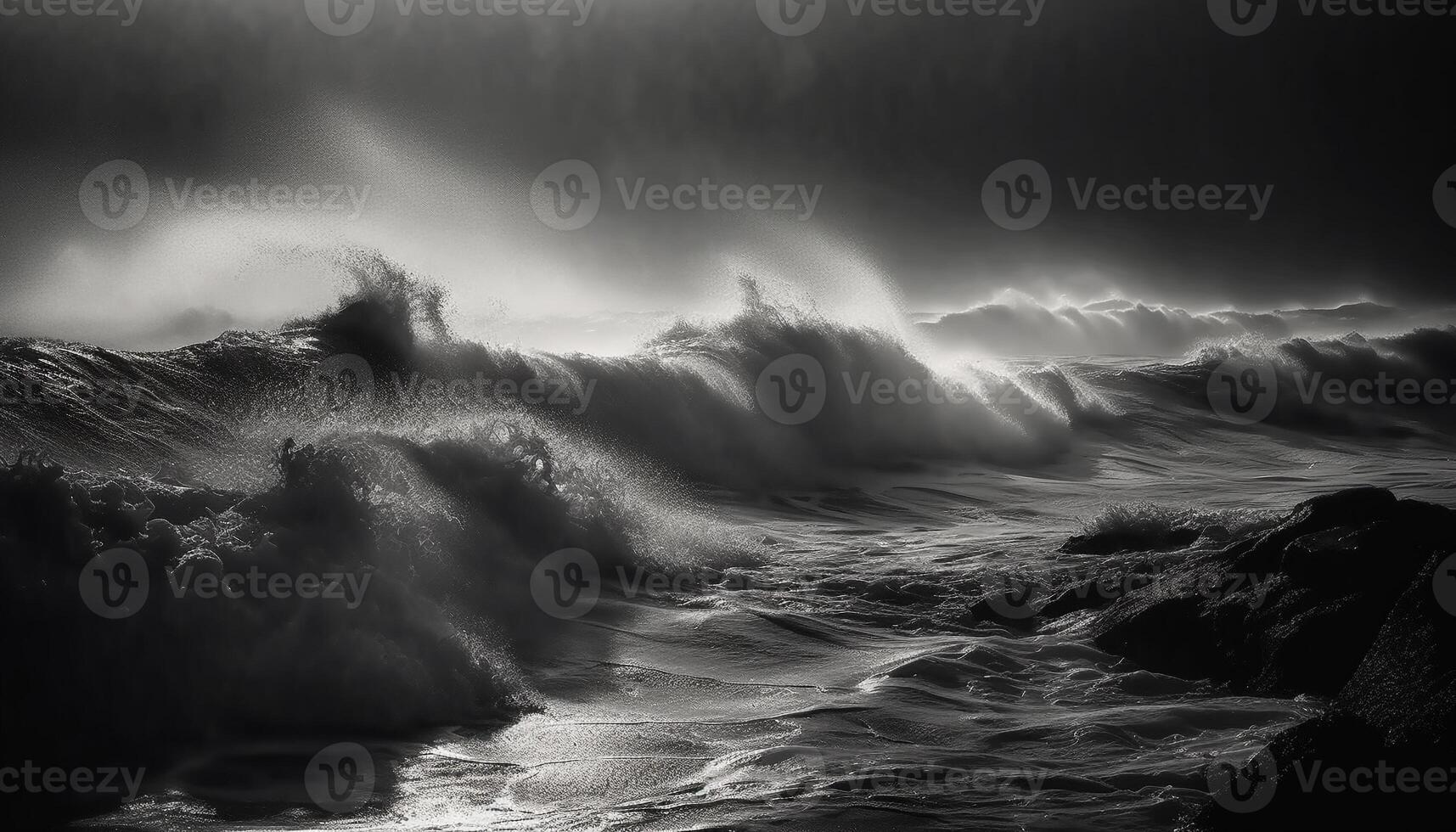 Breaking waves crash against dark seascape, awe inspiring beauty in nature generated by AI photo