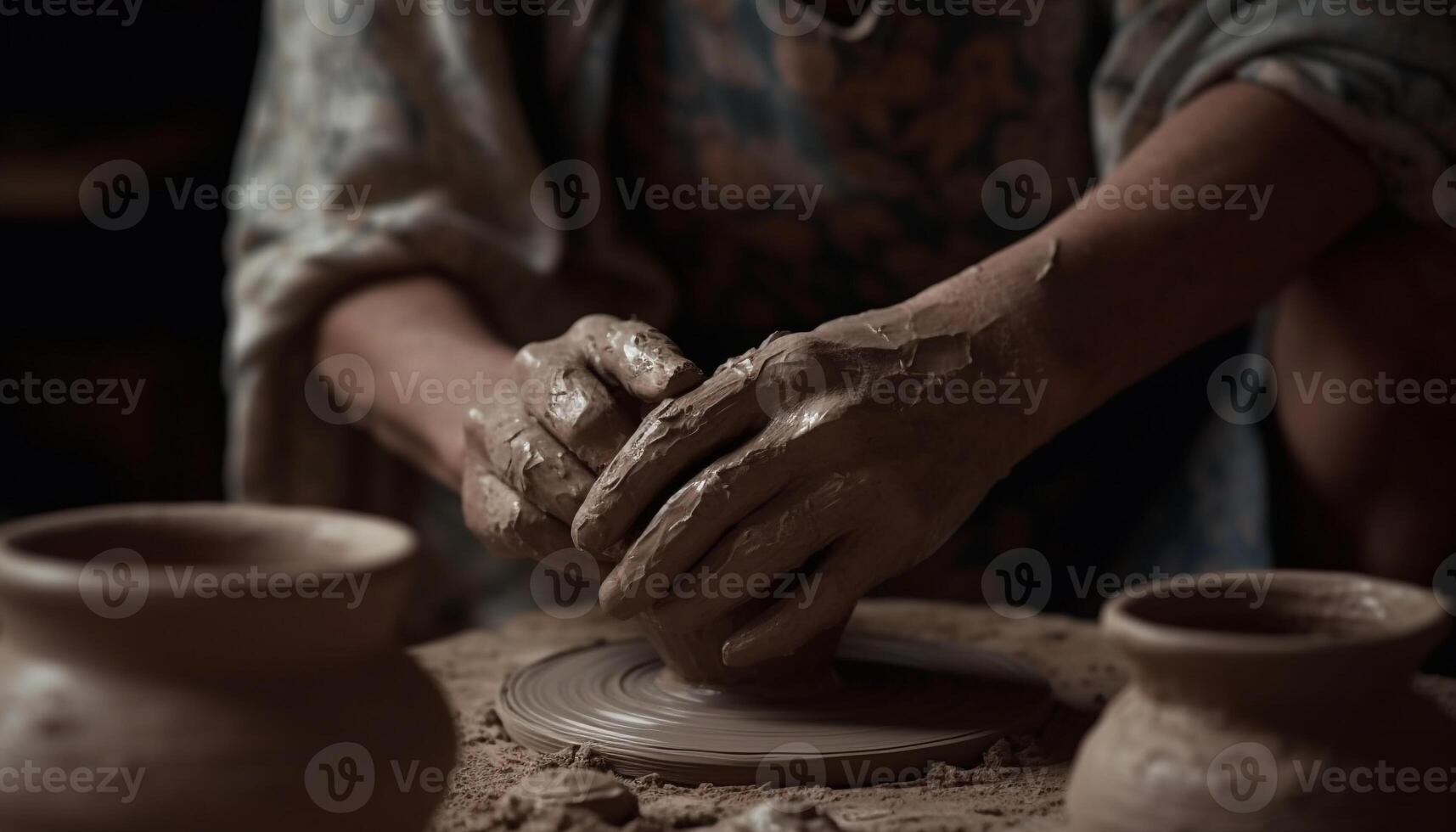 Craftsperson turning clay on pottery wheel, molding vase with skill generated by AI photo