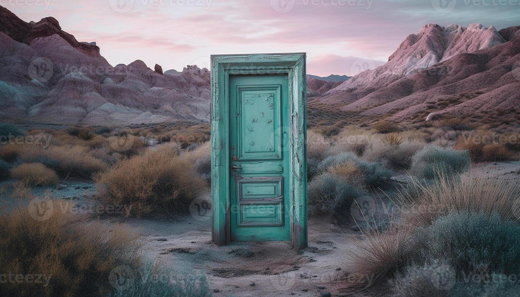 A majestic mountain landscape with a surreal doorway to freedom generated by AI photo