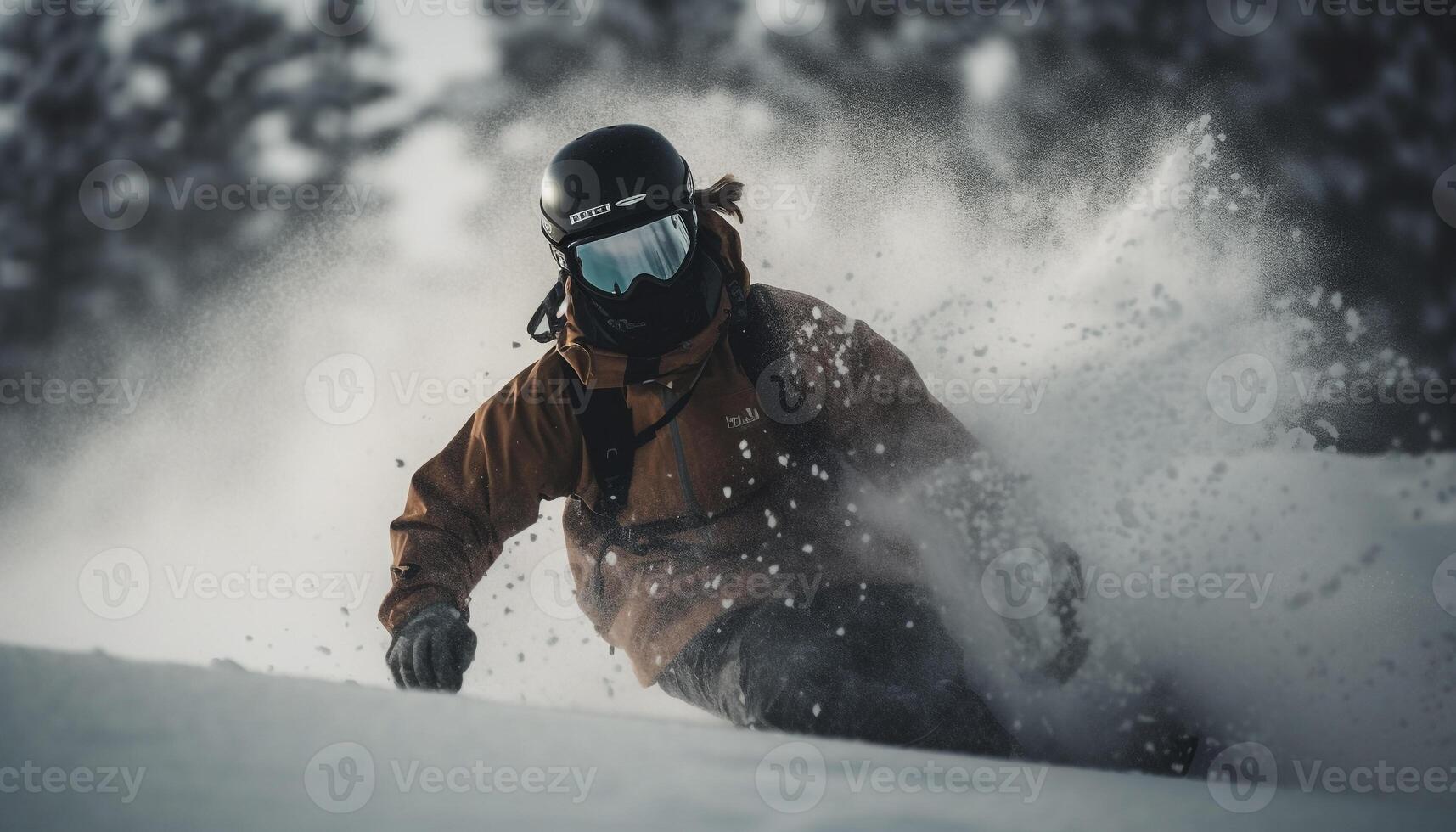 Mid adult snowboarder races down mountain in winter sunlight generated by AI photo