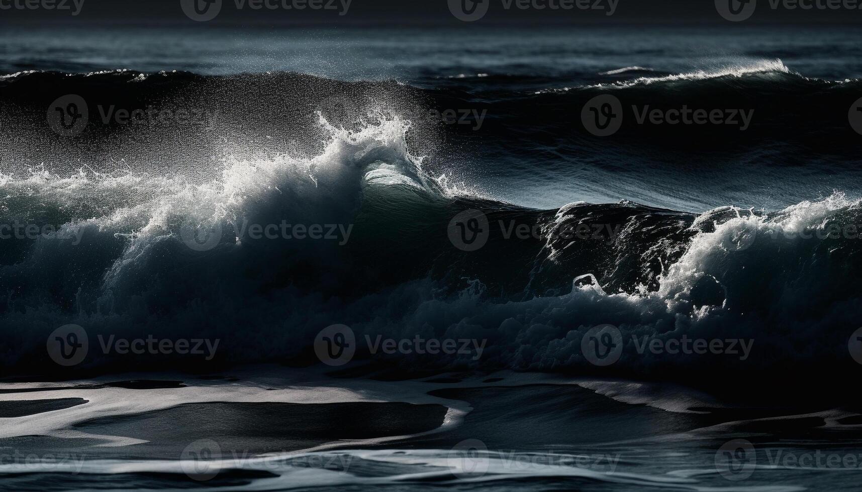 Breaking wave sprays blue water on rocky coastline at dusk generated by AI photo