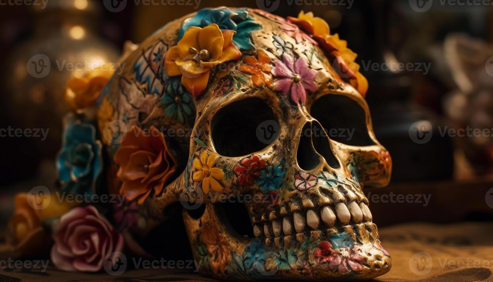 Spooky Halloween decoration an antique human skull on a table generated by AI photo