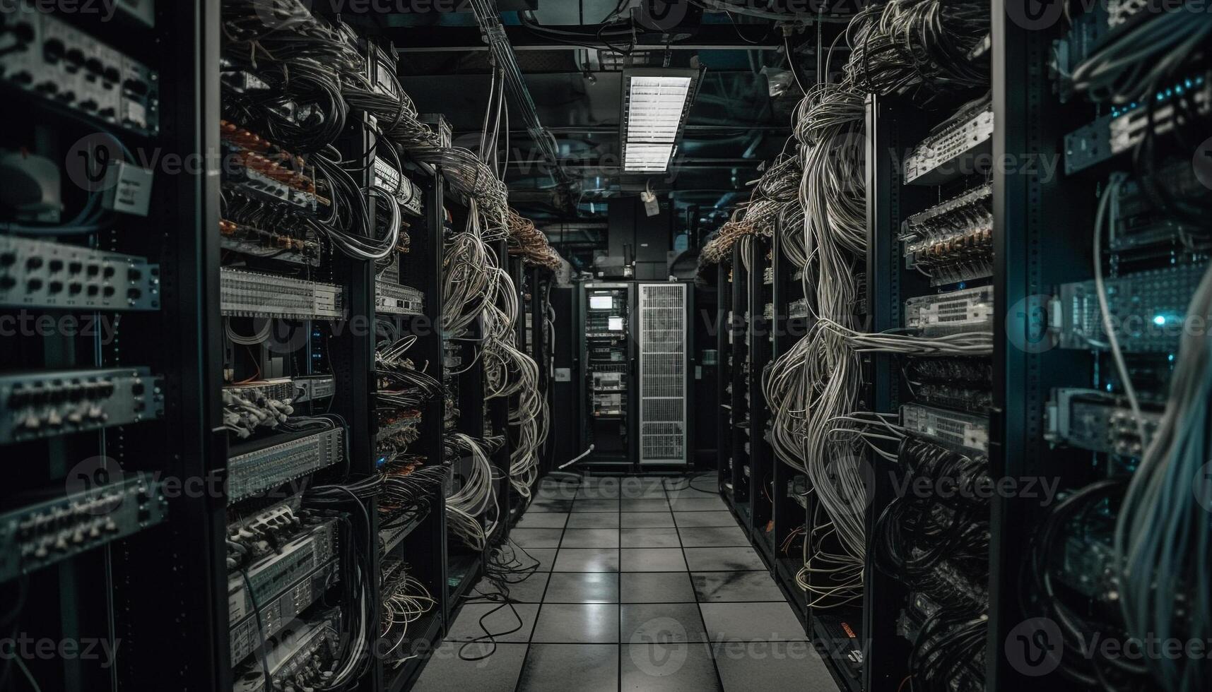 Computer equipment in a row, working inside of crowded warehouse generated by AI photo