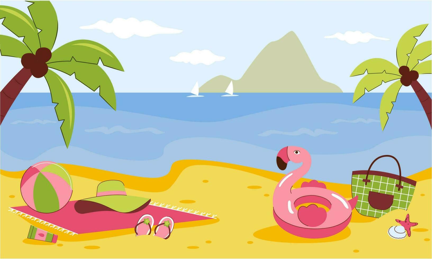 Beach scene with summer accessories. Vacation at the sea. Summer holidays at the sea. Vector illustration