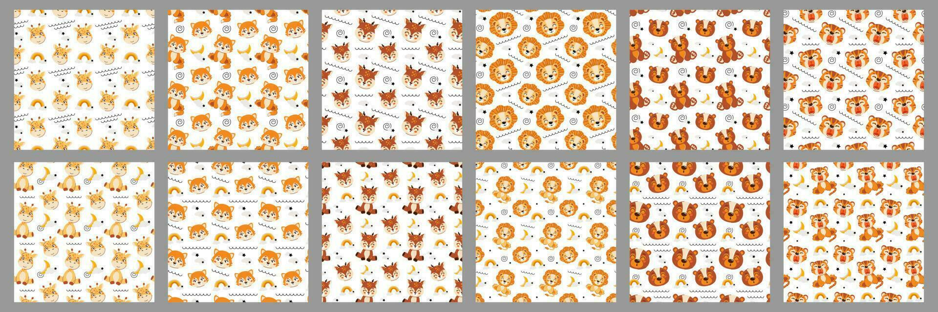 A set of children's patterns with small animals. Seamless animal background, cute vector texture for baby bedding, fabric, wallpaper, wrapping paper, textiles, T-shirt print