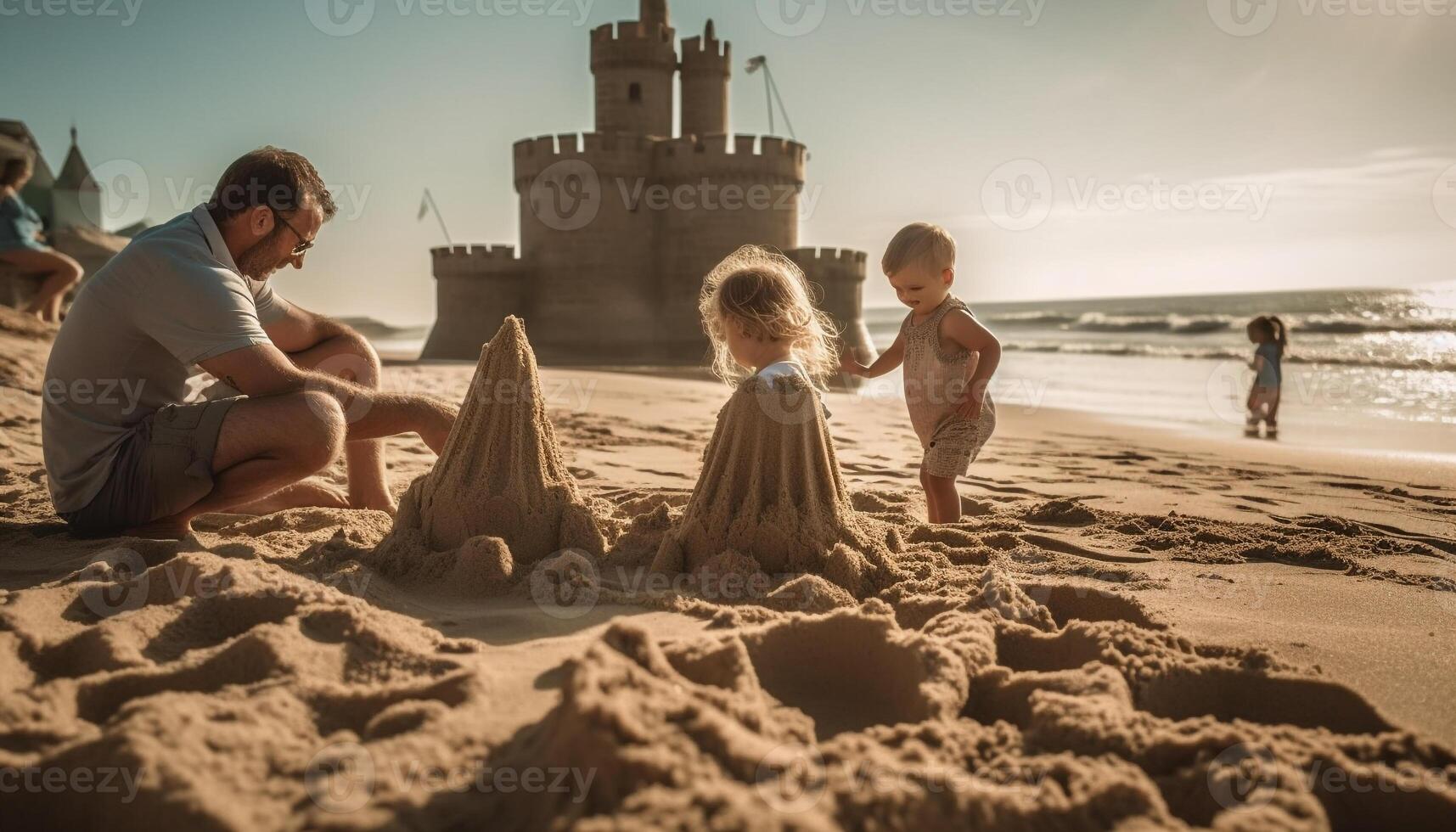 jugando en el arena, edificio un castillo de arena, familia unión generado por ai foto