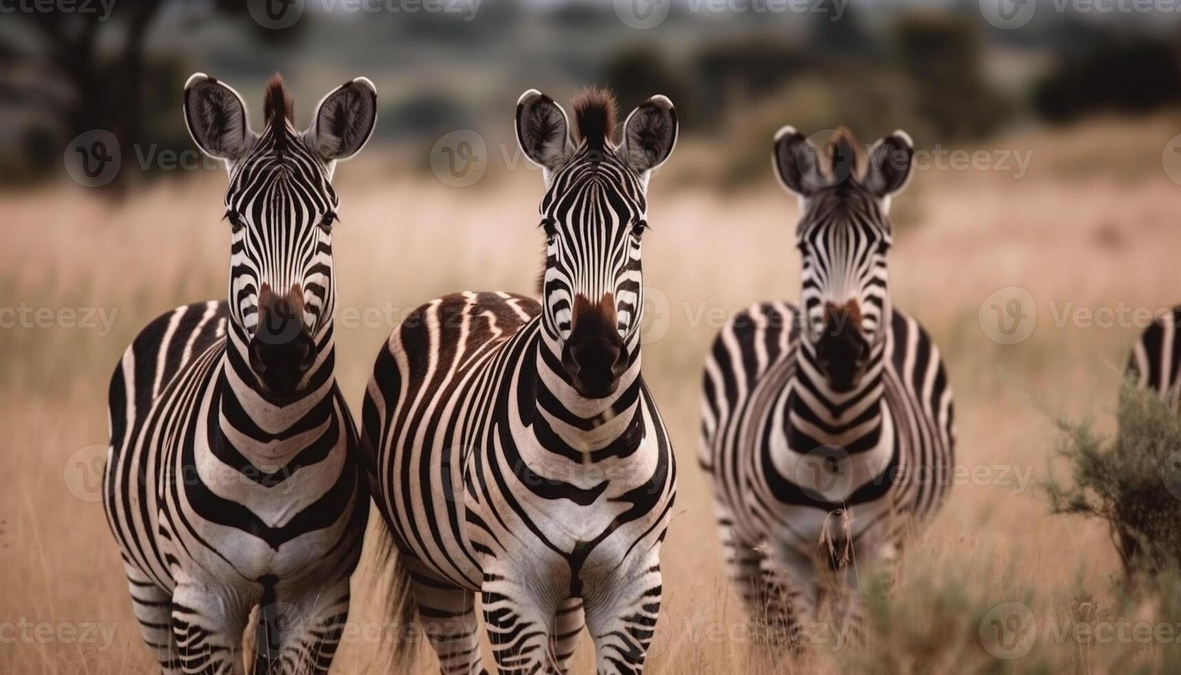 Striped zebra herd in African wilderness, standing in a row generated by AI photo