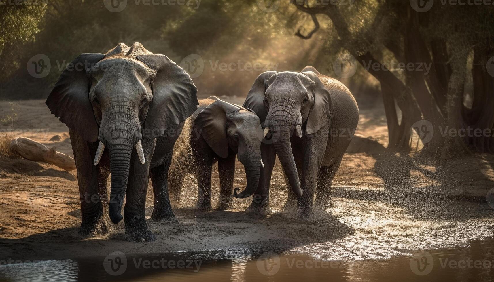 Large African elephant herd walking in tranquil savannah landscape generated by AI photo