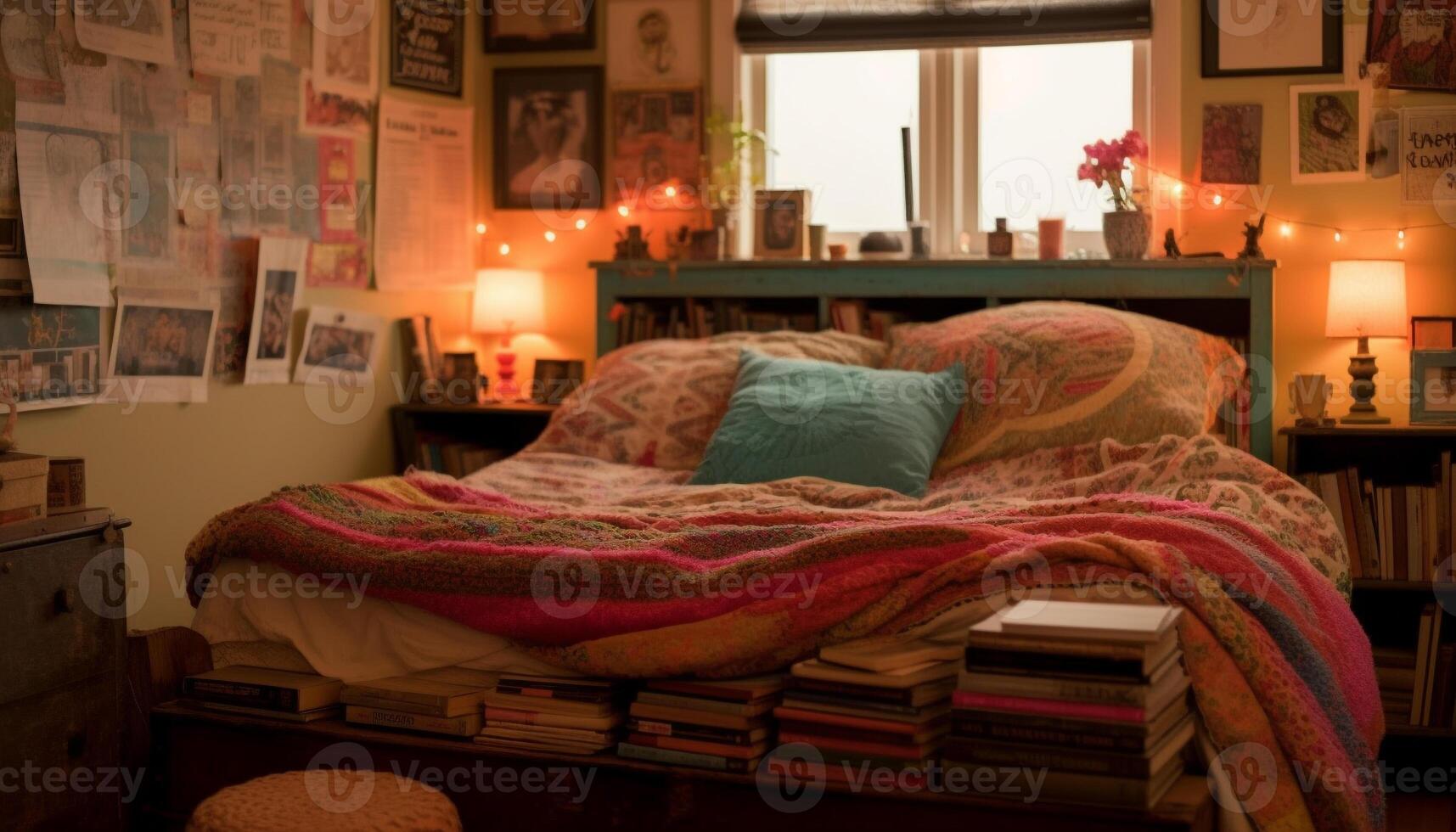 Cozy modern bedroom with elegant decor and antique bookshelf generated by AI photo