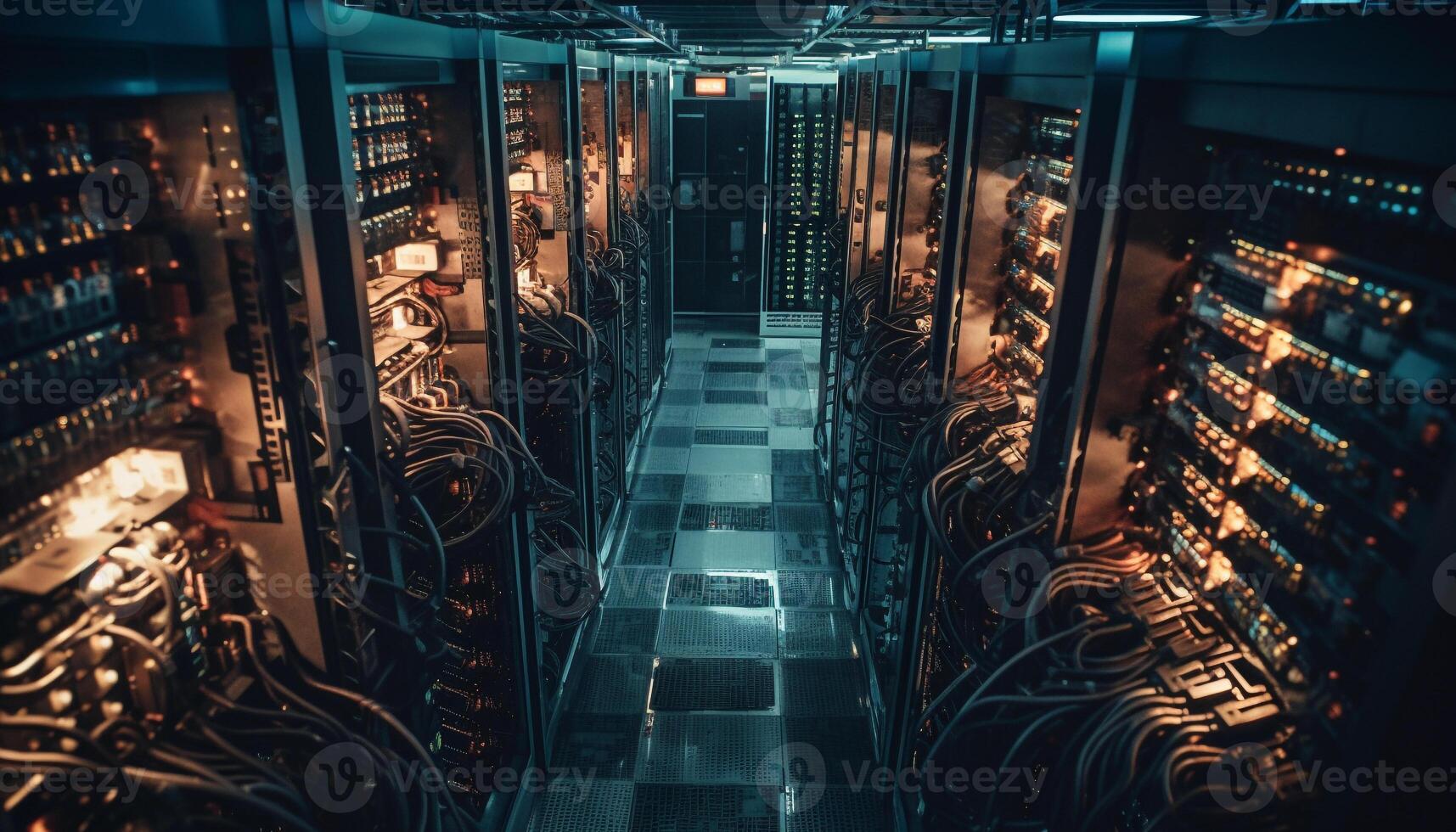 Futuristic computer lab with network server and data storage room generated by AI photo