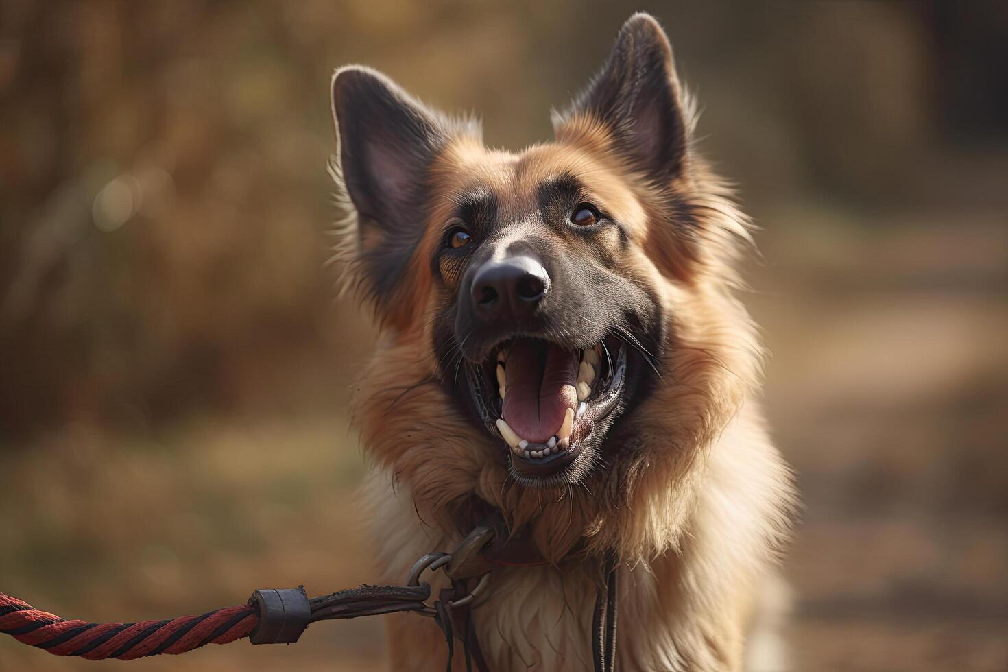 alemán pastor perro en un Correa. selectivo atención en el perro ai generado foto