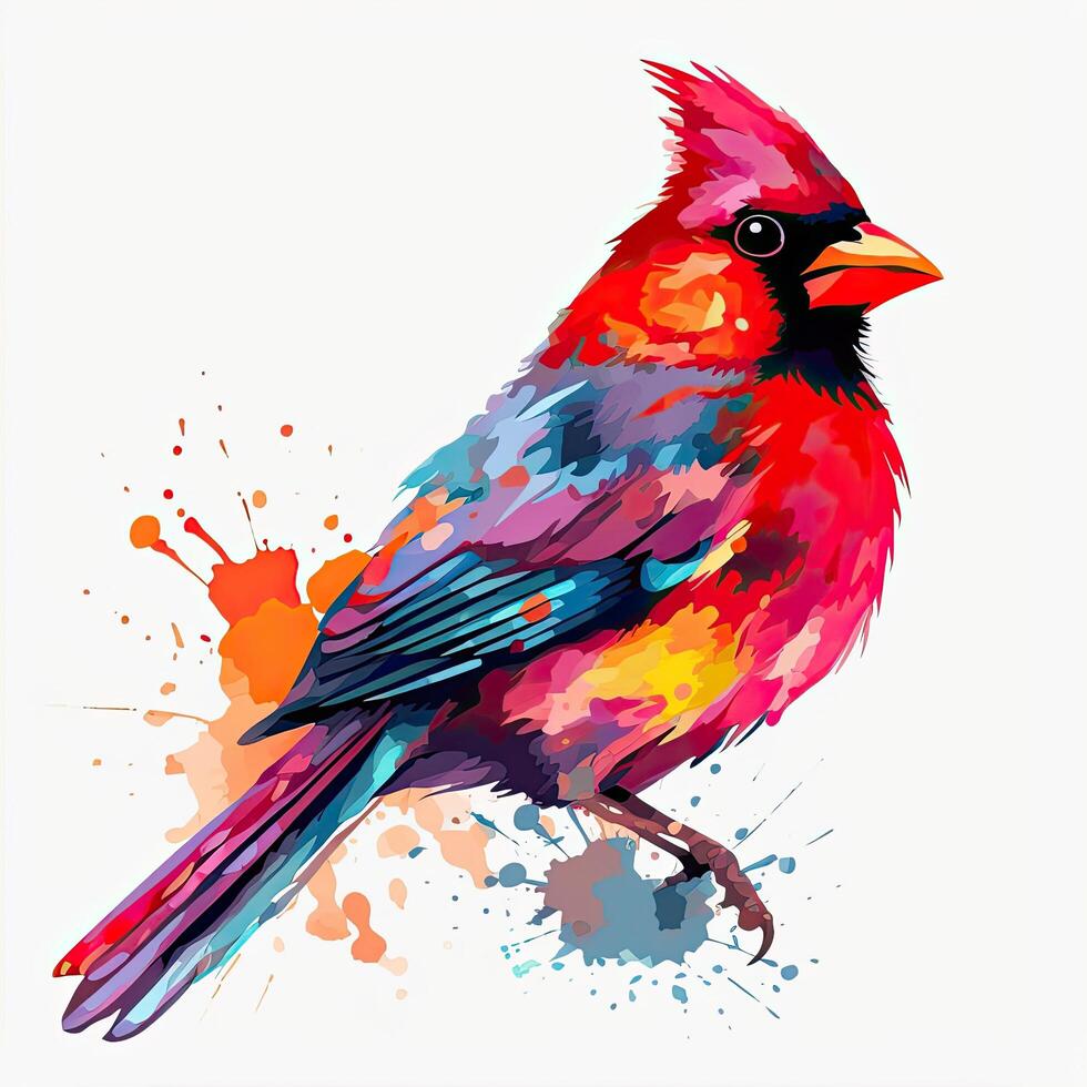 Colorful bird with a color splash. Beautiful red bird illustration on a white background. Redbird illustration for coloring books or other artworks. Beautiful bird design for kids. AI-Generated. photo