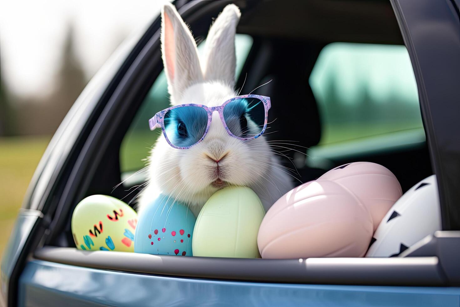 Cute rabbit in sunglasses with easter eggs in car, outdoors. . photo