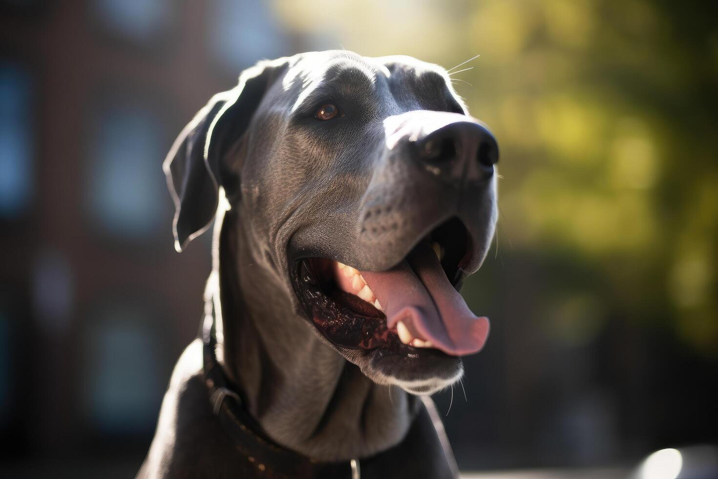 retrato de un genial danés perro con lengua fuera en el ciudad ai generado foto