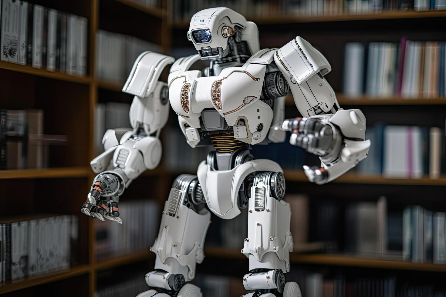 Robot on the background of bookshelves in the library. An AI robot librarian stocking books in a library, photo