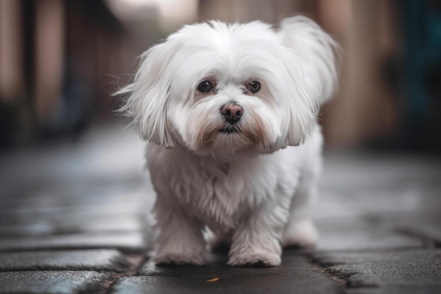 Cute Maltese dog walking on the street. Shallow depth of field. photo