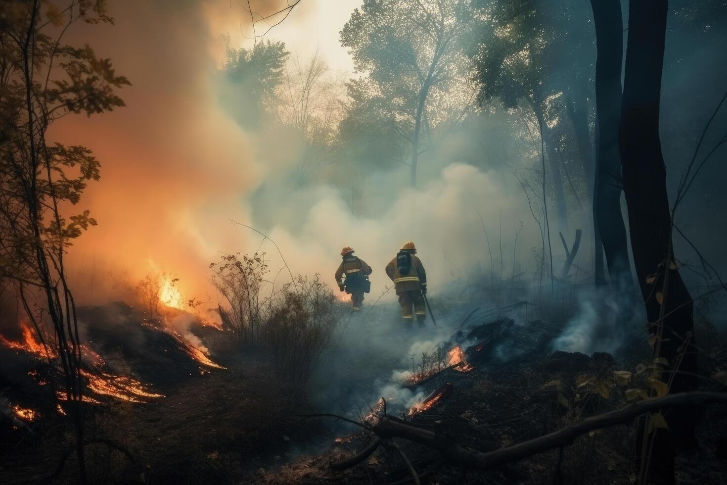 A huge wildfire in a forest with dense smoke and flames. Dangerous wildfire in a jungle and firefighters trying to put out the fire. A forest fire and firefighter concept. . photo