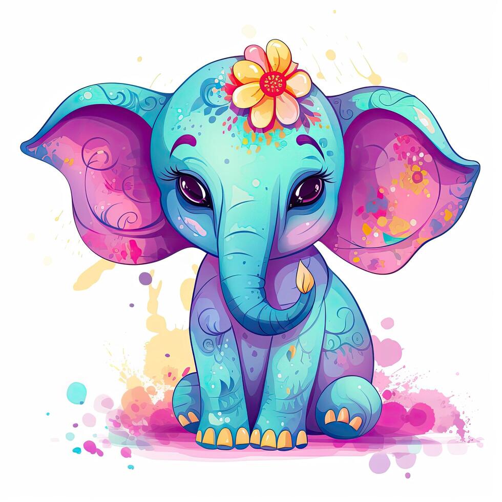 Cute elephant baby cartoon bundle design. Colorful baby elephant cartoon with color splashes. Cute elephant baby cartoon illustration on a white background. . photo