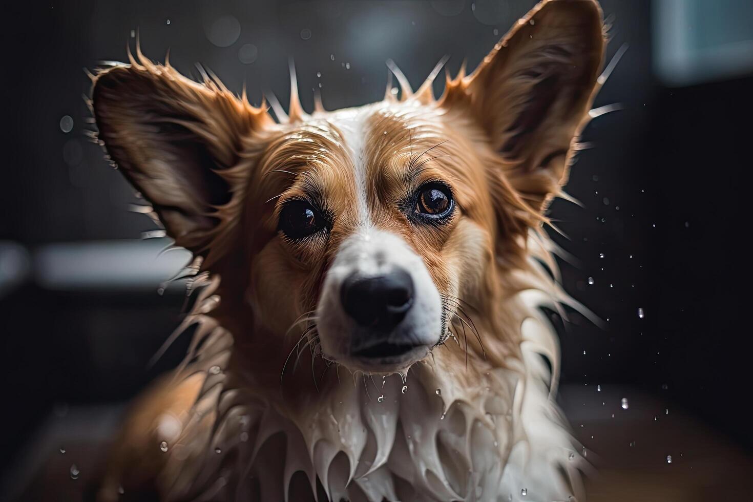 Portrait of a wet Welsh Corgi Pembroke photo