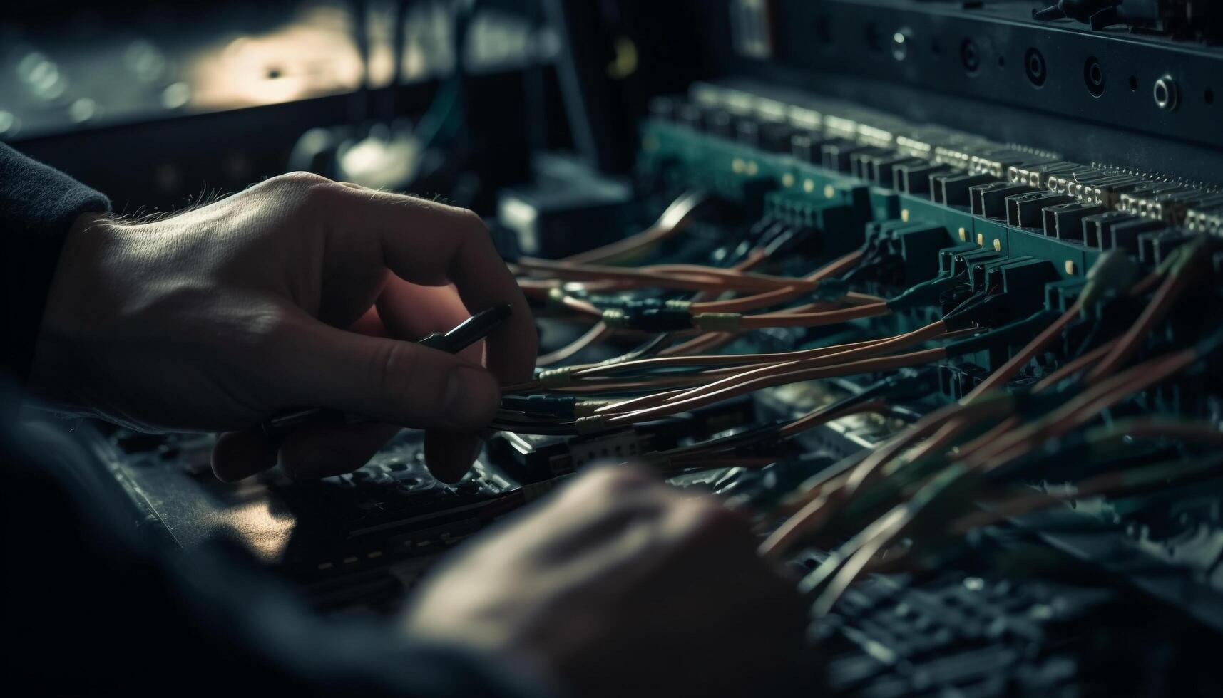 Expert technician installing computer equipment for global communication in factory generated by AI photo