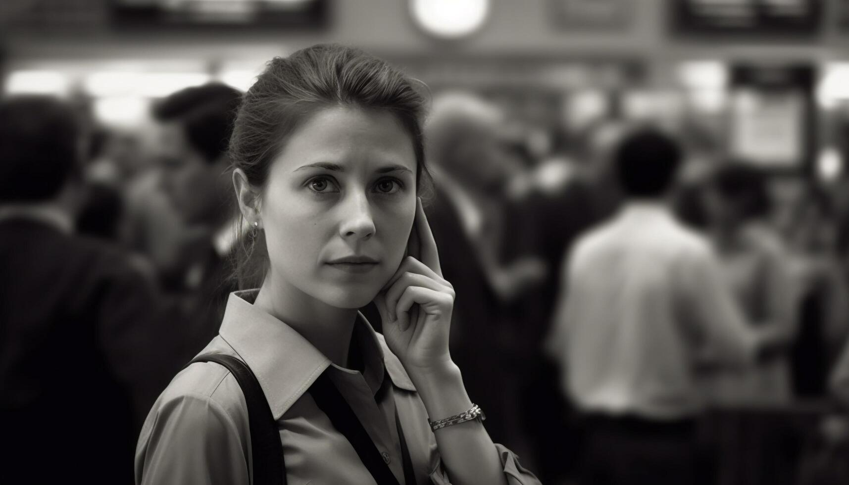 Young adult businesswoman standing outdoors, looking at camera with confidence generated by AI photo