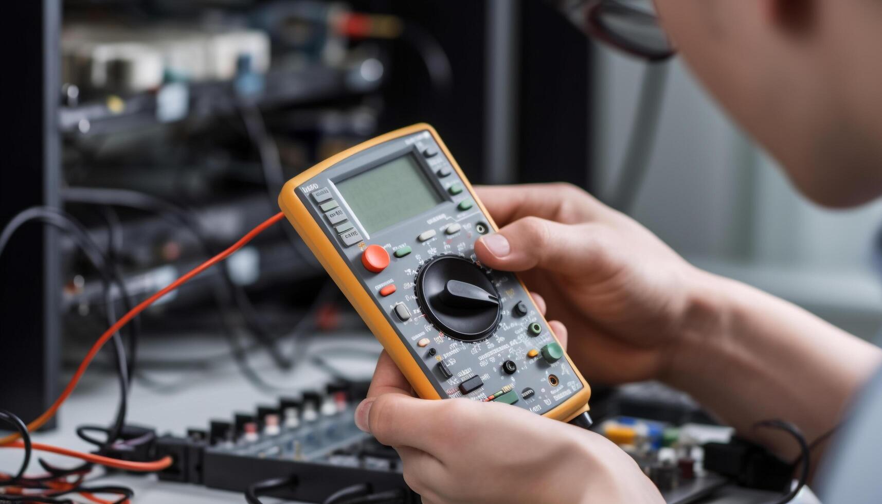 Caucasian electrician holding multimeter, repairing electrical equipment with expertise generated by AI photo