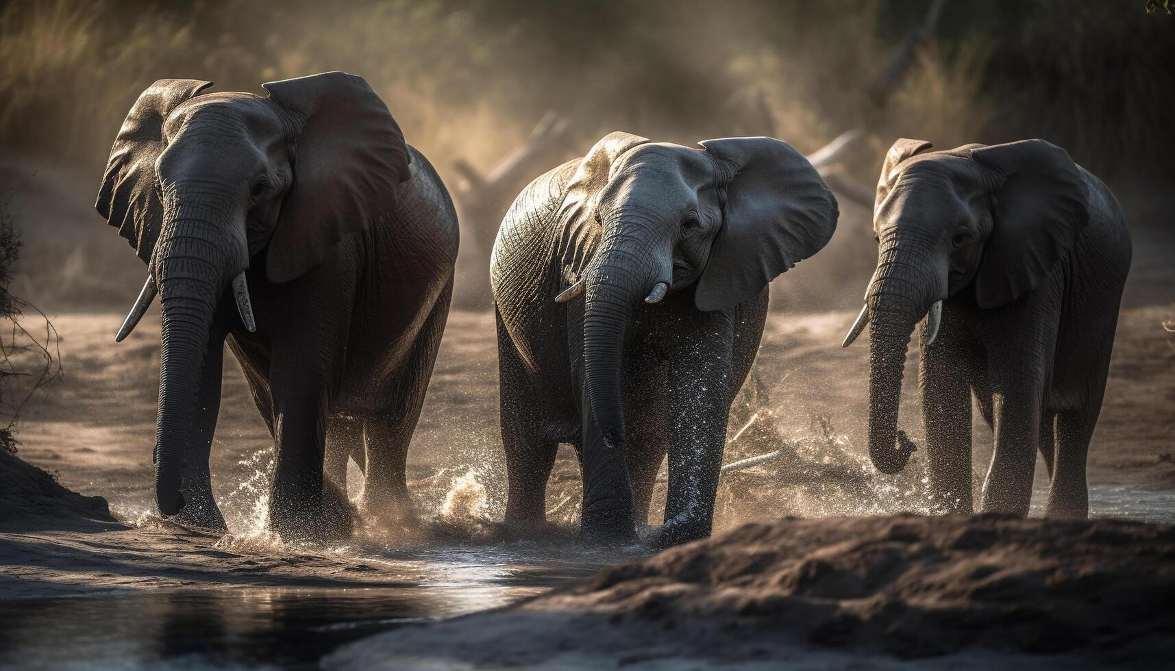 Large African elephant herd walking in tranquil savannah wilderness area generated by AI photo