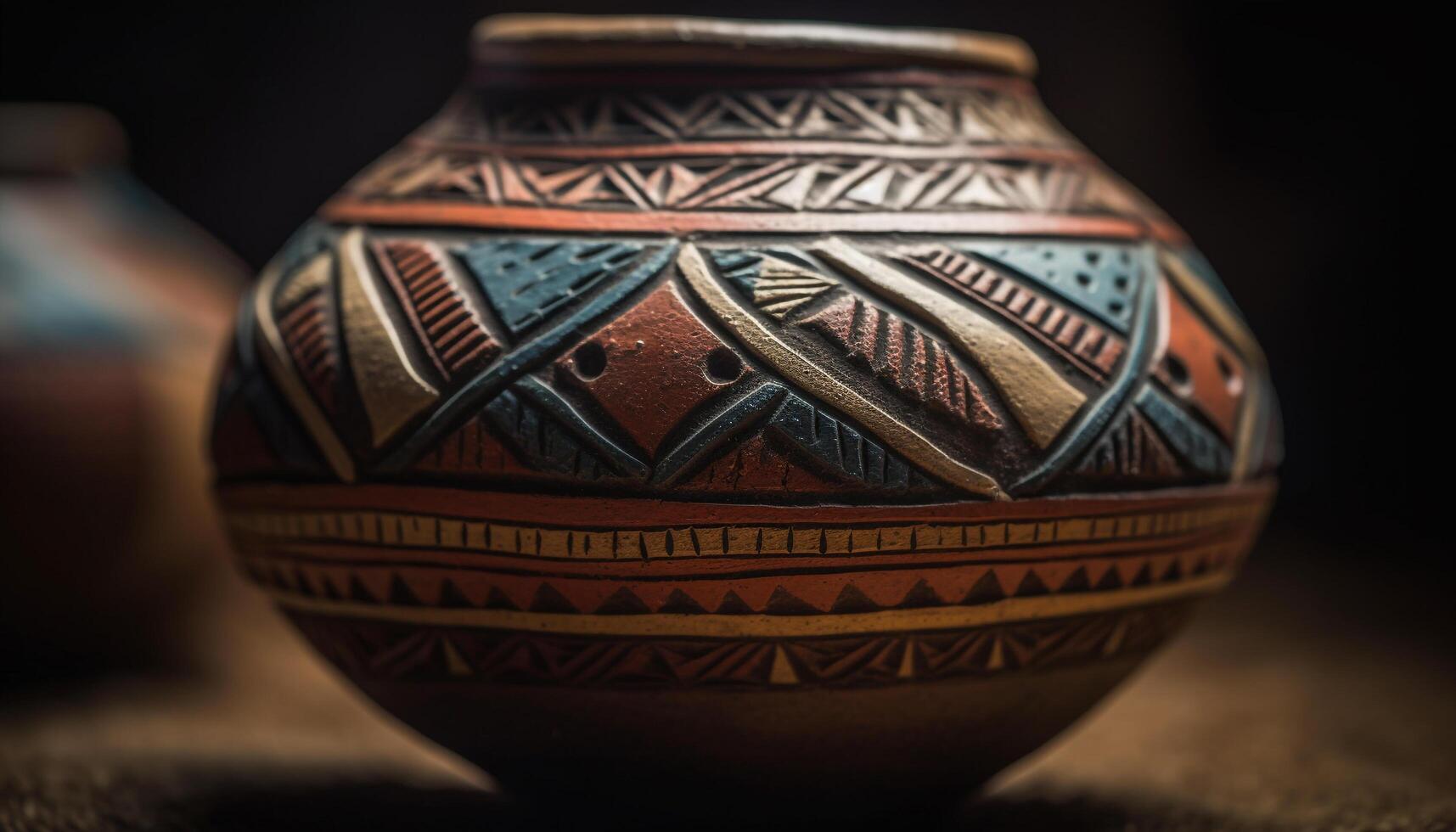 Ancient terracotta jar with ornate floral pattern, an antique souvenir generated by AI photo