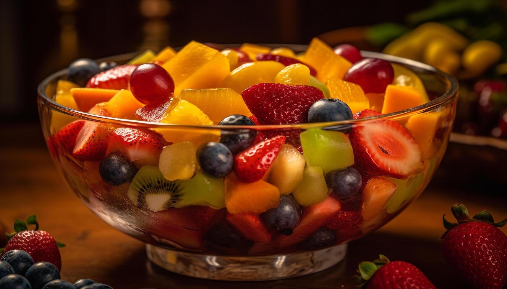 Fresh fruit salad with juicy berries and colorful variations generated by AI photo