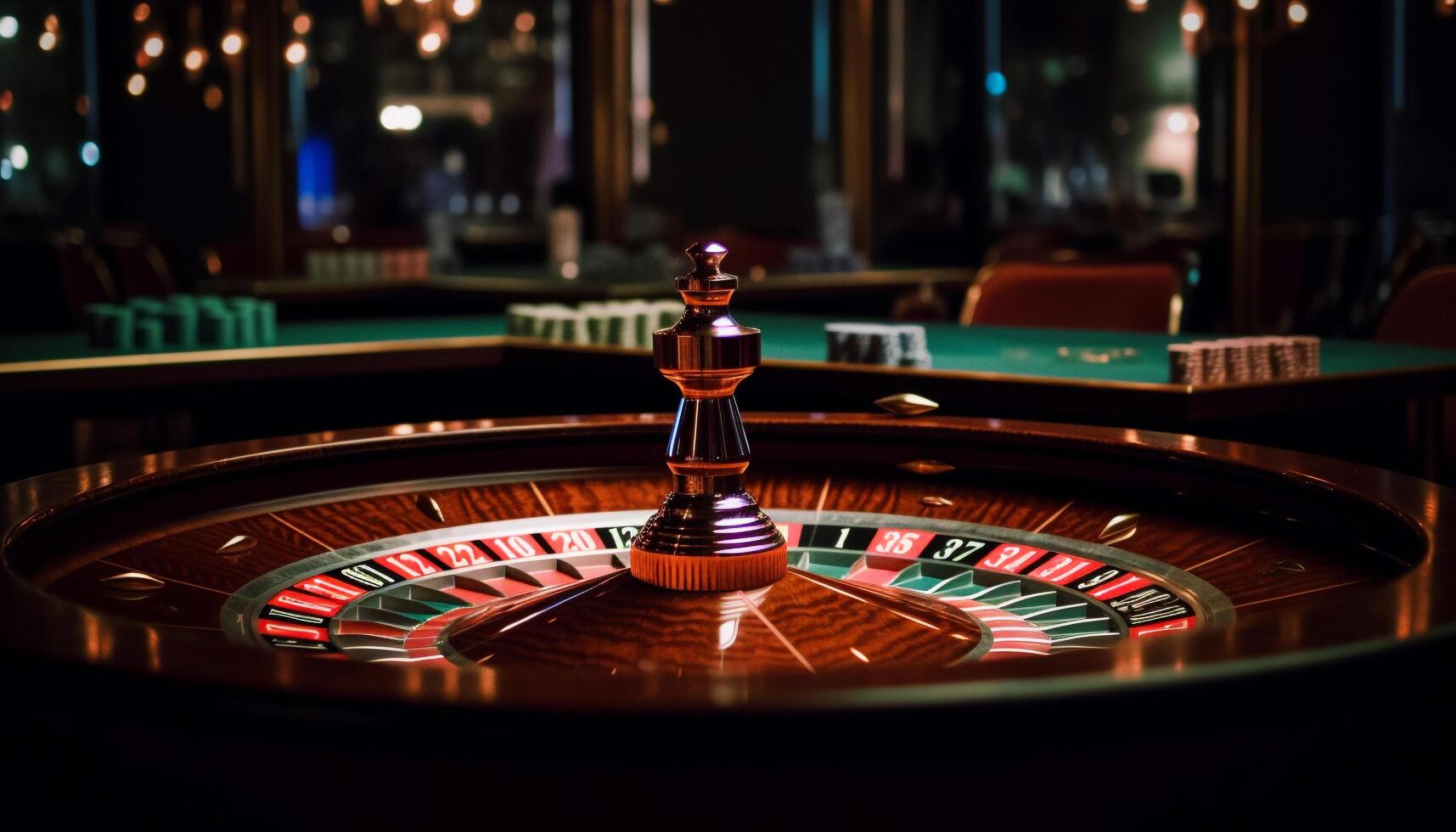 Roulette wheel spins, chips stack, luck and risk collide generated by AI photo