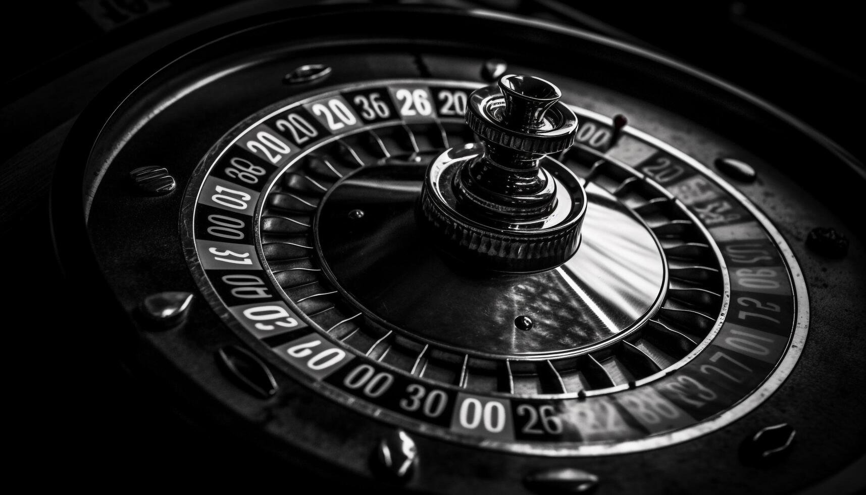Roulette wheel spinning, chance for jackpot, black background elegance generated by AI photo