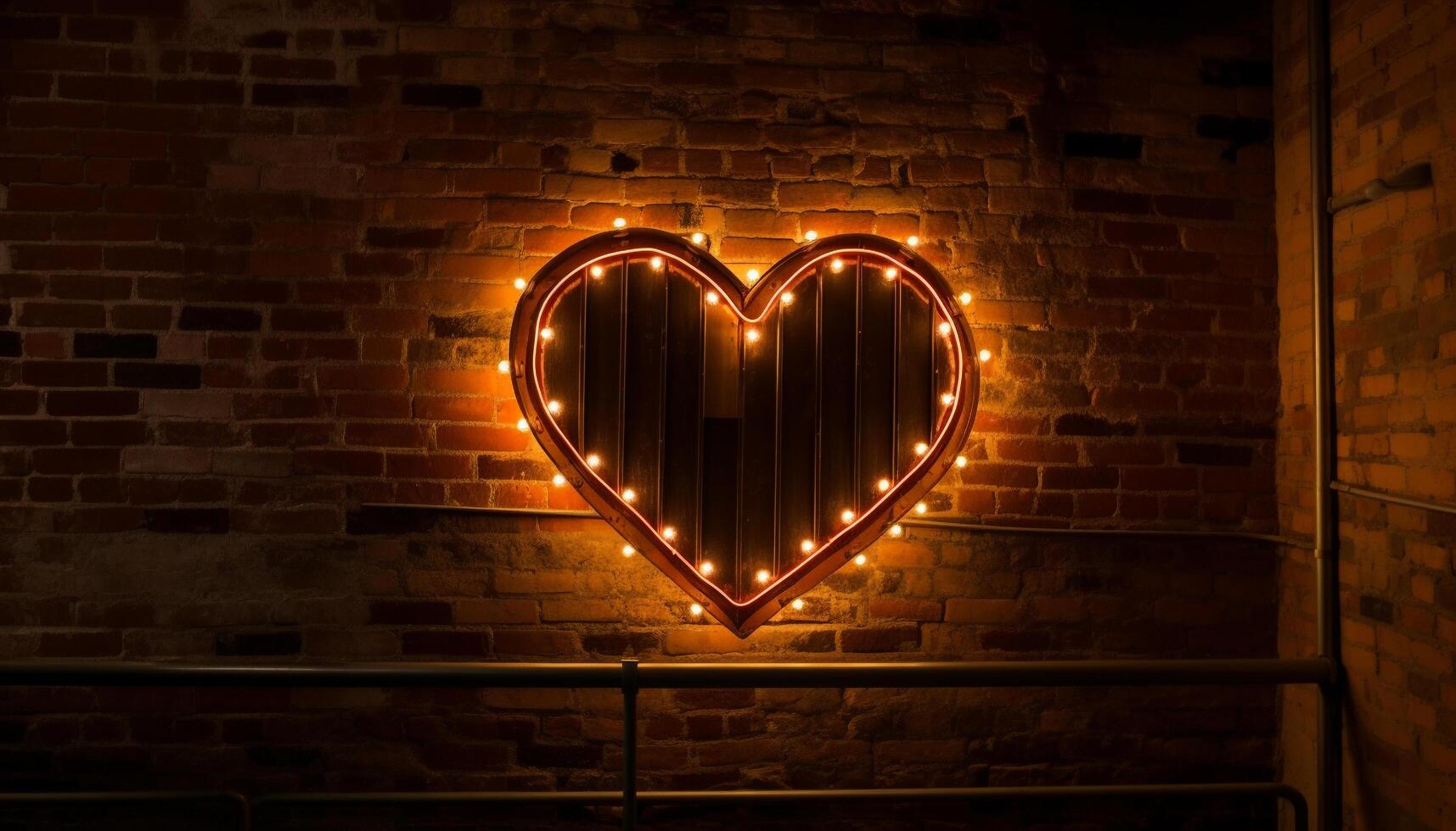 Glowing heart shape symbolizes love on old brick wall backdrop generated by AI photo