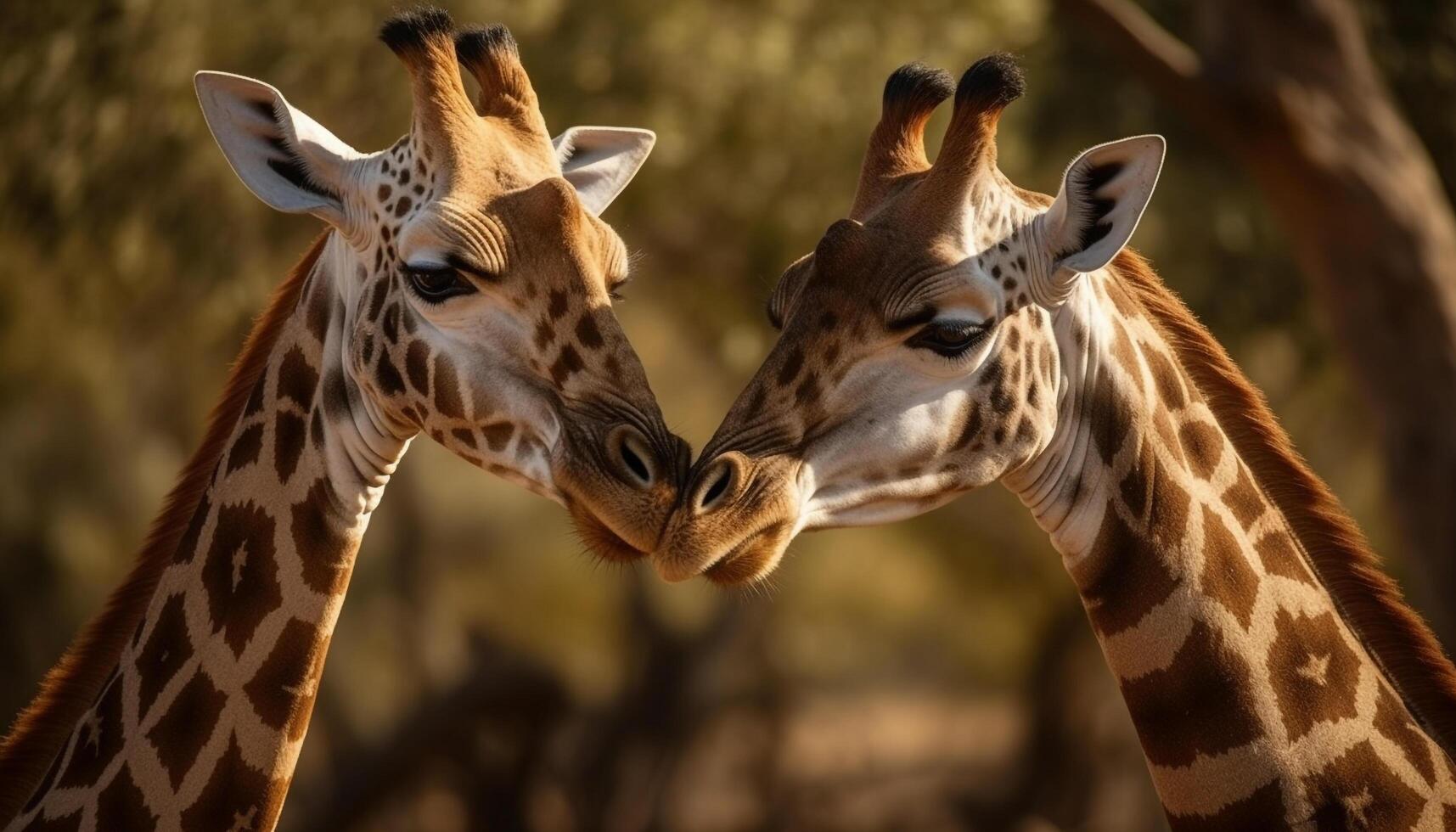 Giraffe family standing in the wilderness, looking at camera closely generated by AI photo