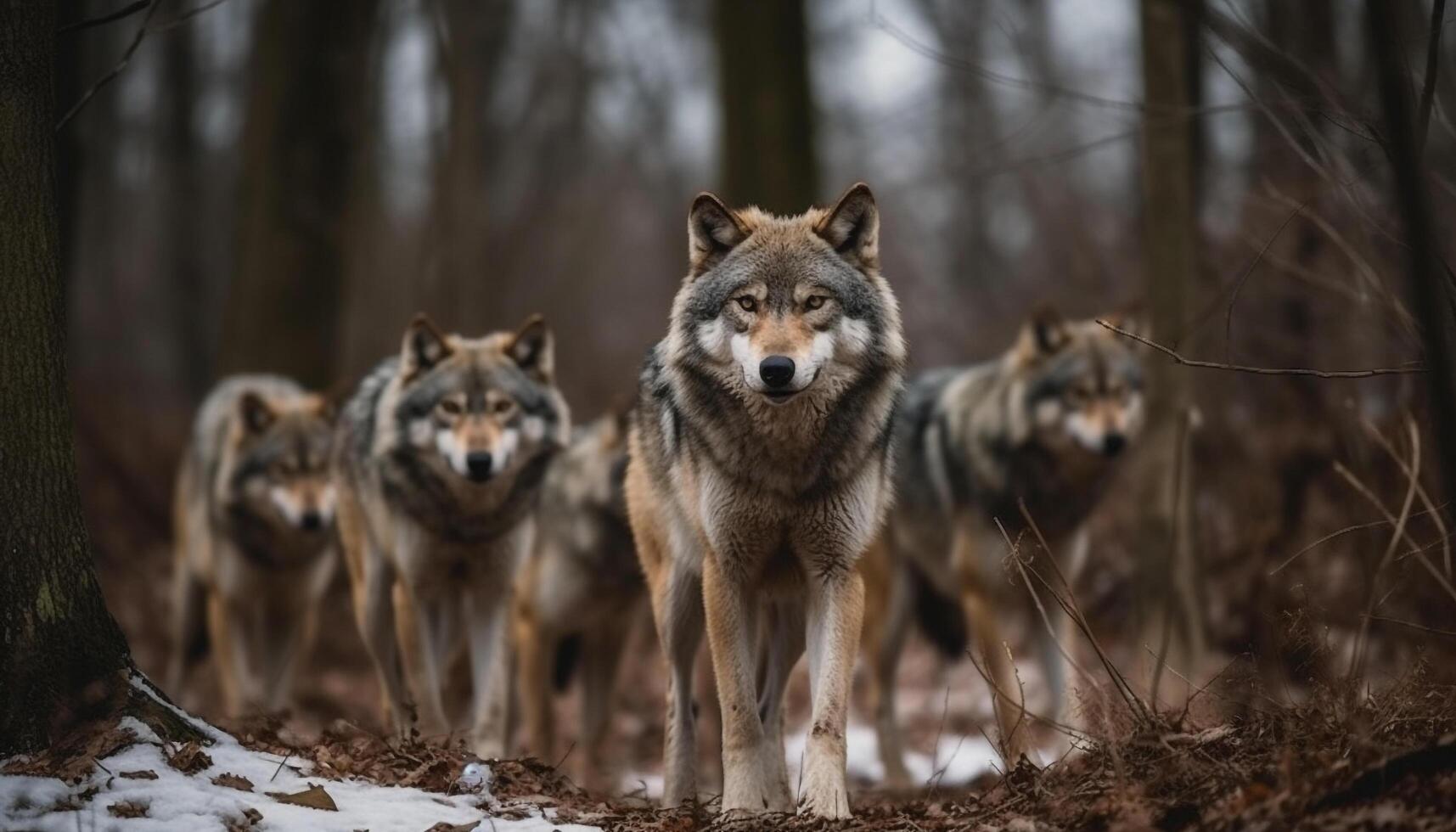 Gray wolf walking in snow, looking at camera with focus generated by AI photo