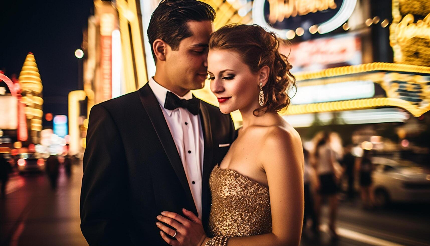 Young couple embracing in the illuminated city streets at dusk generated by AI photo