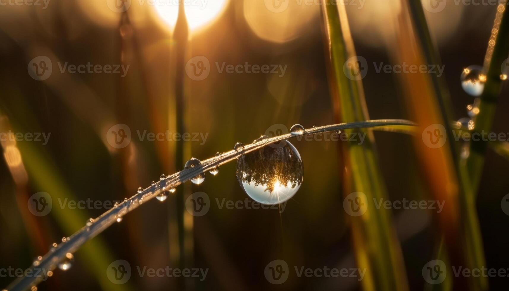 Fresh dew on green grass, reflecting beauty in nature meadow generated by AI photo