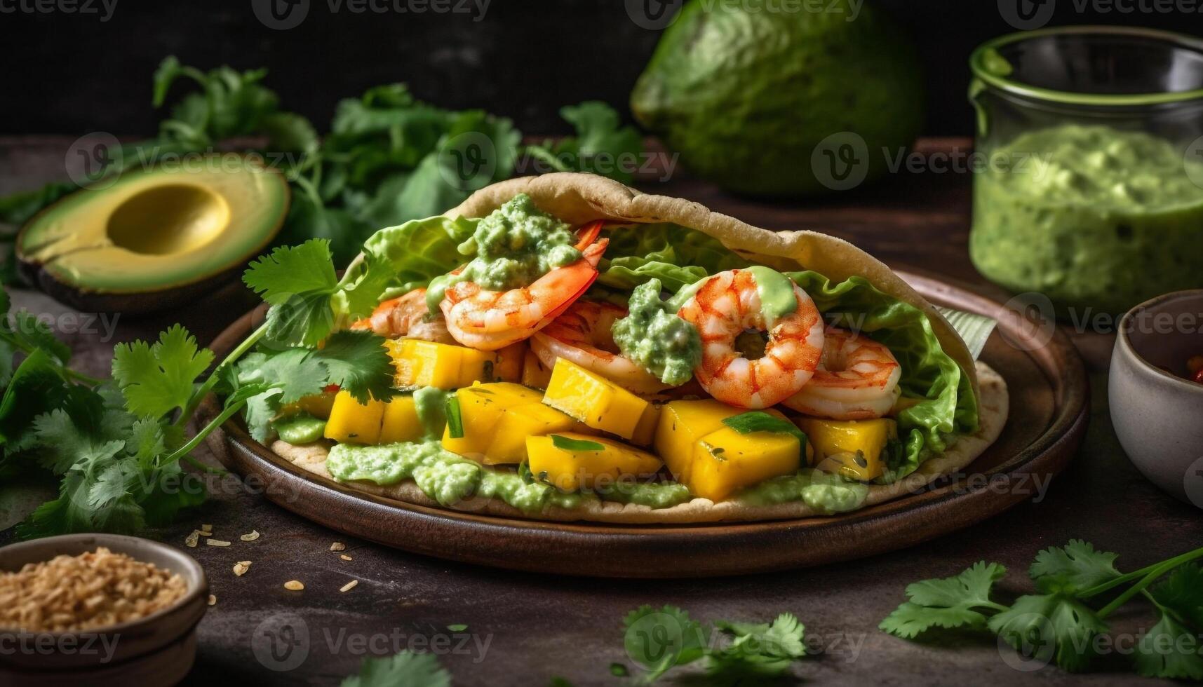 Grilled seafood salad with avocado, cilantro, and lime guacamole generated by AI photo