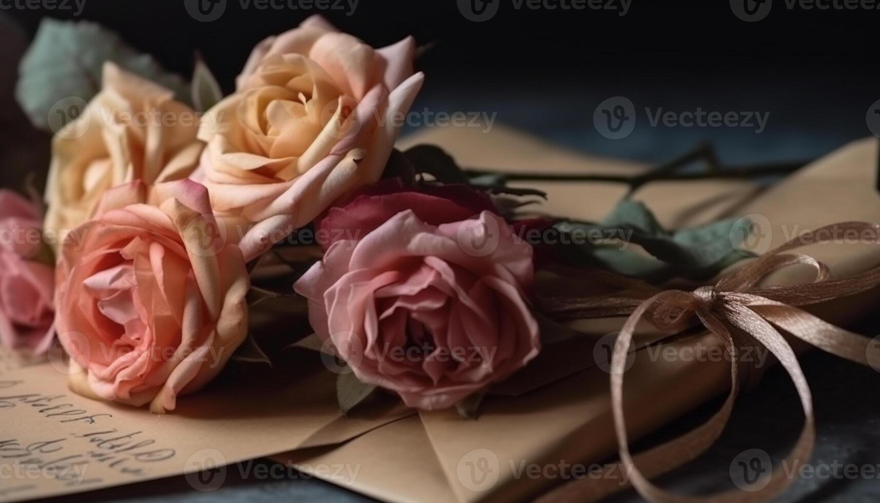 Rustic bouquet of pink flowers on wooden table for celebration generated by AI photo