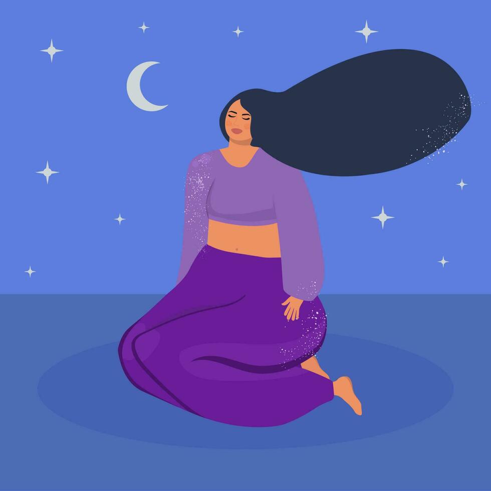 Dreaming woman on the background of the moon. vector