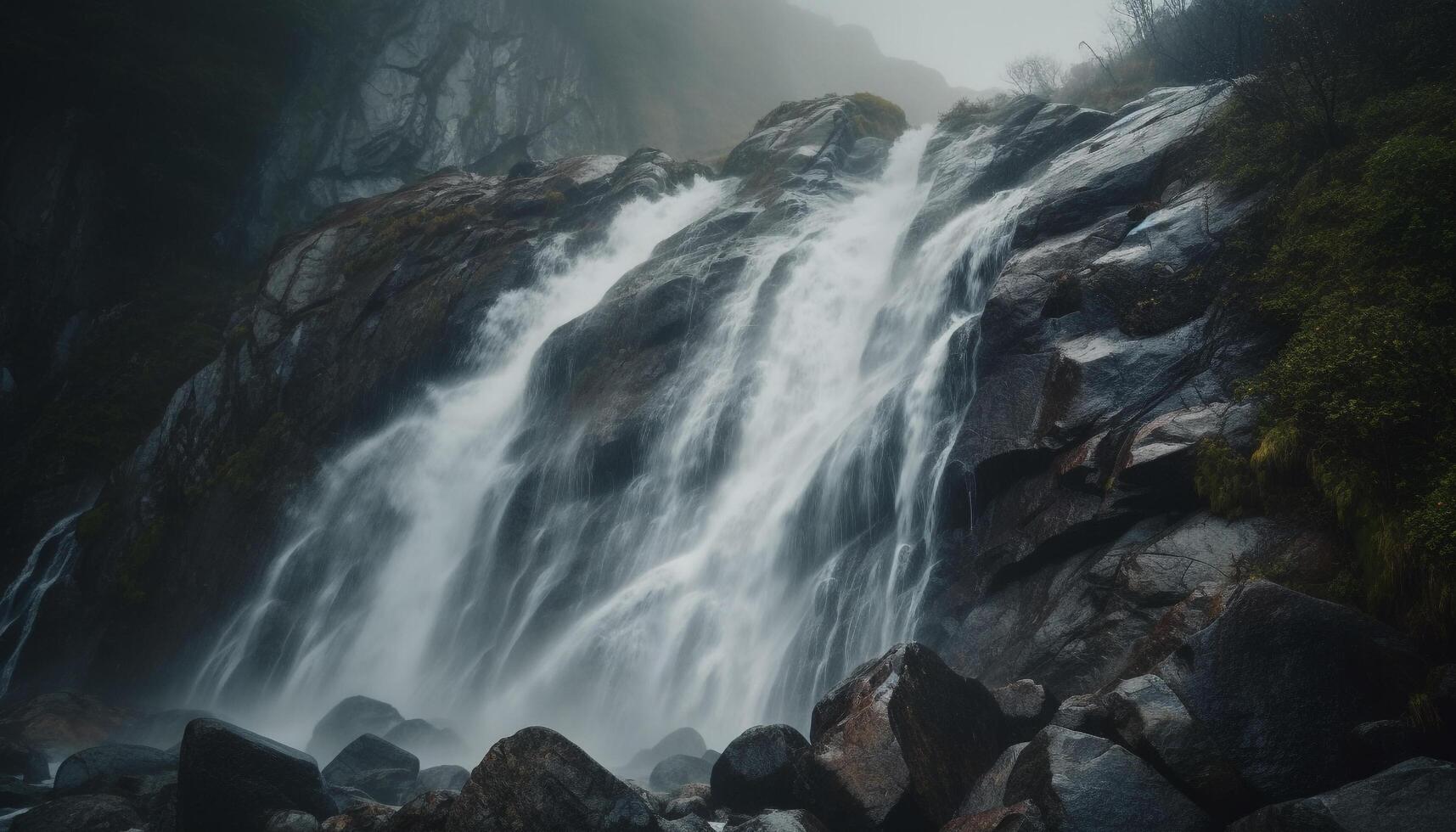 Majestic mountain range drops into tranquil flowing water, beauty in nature generated by AI photo