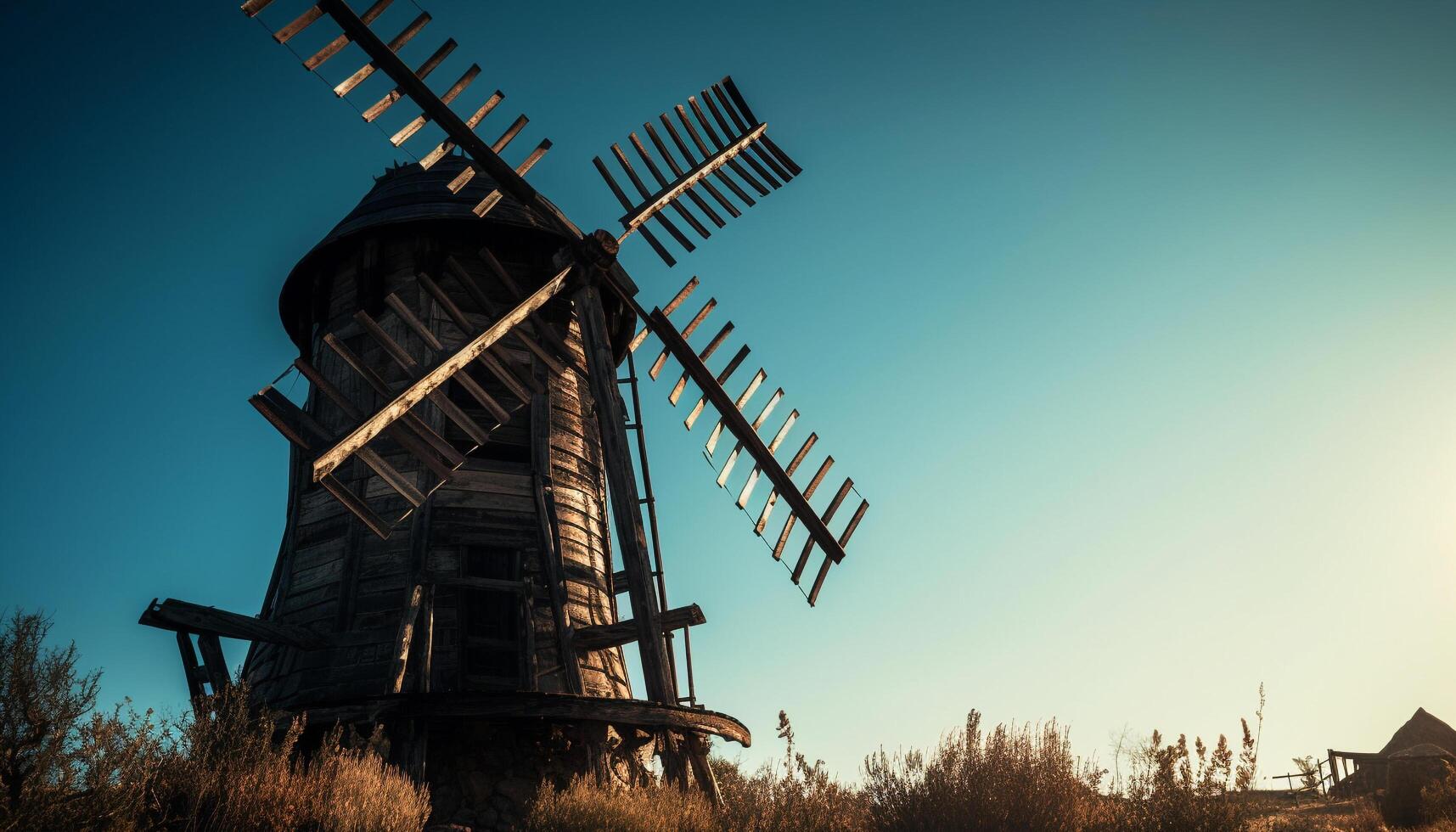 Obsolete windmill silhouette back lit by sunset, a historic landmark generated by AI photo