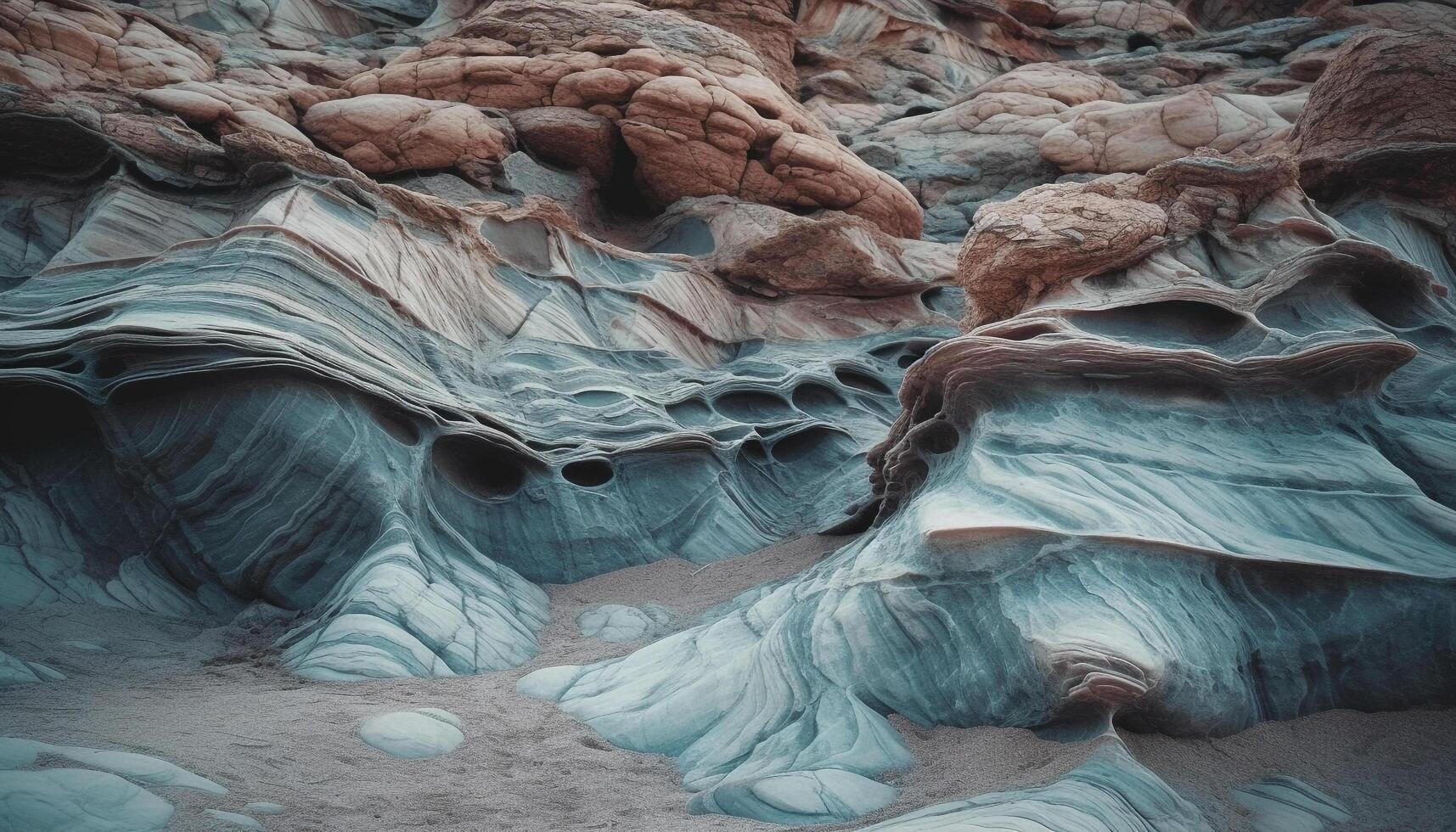 Majestic mountain, eroded rock formation, flowing water, beauty in nature generated by AI photo